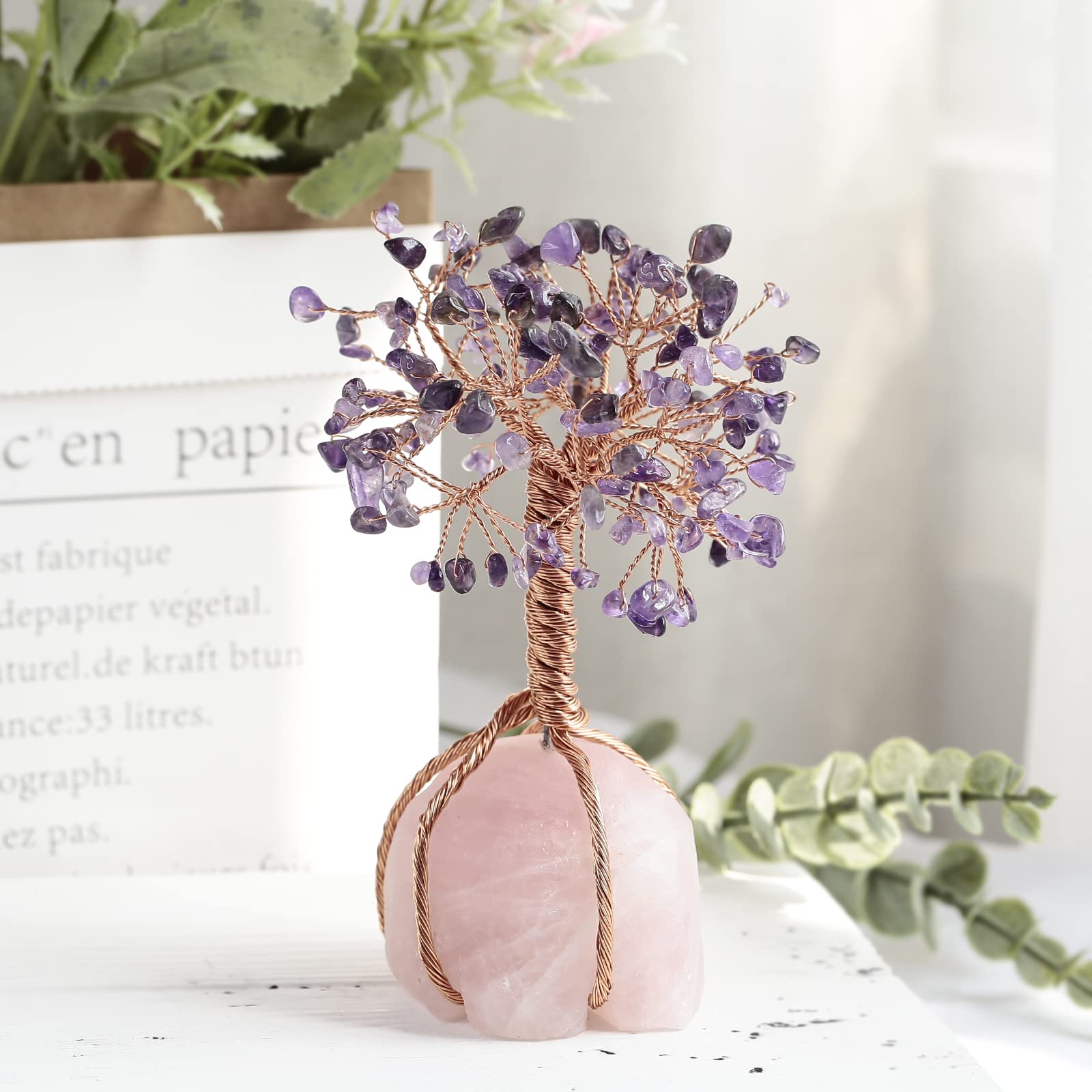 Mookaitedecor Amethyst Crystal Tree with Raw Rose Quartz Base - Feng Shui Bonsai Money Tree for Wealth, Luck & Positive Energy | Home Office Decor, Meditation Gift, Spiritual Healing