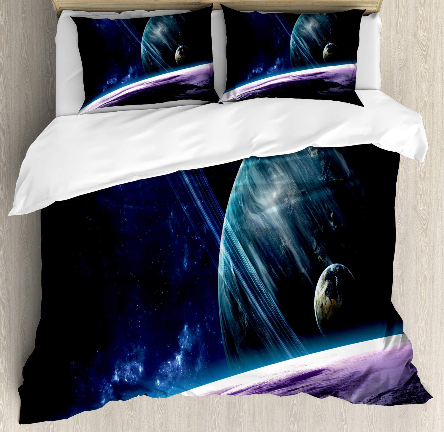 Ambesonne Space Duvet Cover Set - King Size 2-Pack with 2 Duvet Covers & 4 Pillowcases | Universe Planets Celestial Astronomy Print in Blue Purple | Luminous Effects for Stargazing | Perfect for Astronomy Lovers' Bedroom Decor & Themed Sleepovers