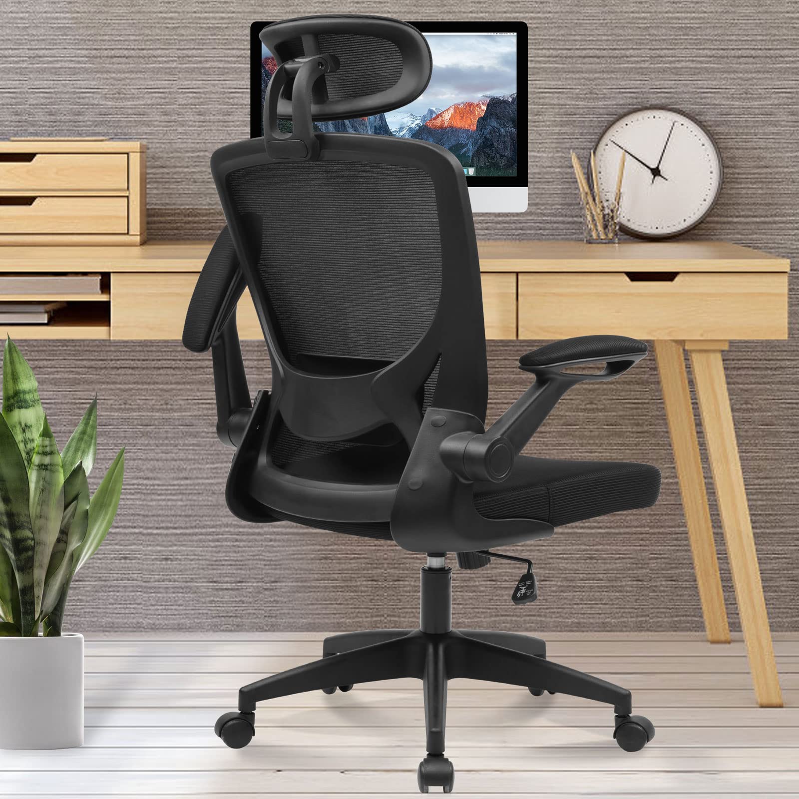 KERDOM Ergonomic Office Chair - Breathable Mesh Computer Desk Chair with Adjustable Lumbar Support, Headrest & Flip-Up Arms - Swivel Task Chair for Home Office, Gaming & Work - Height Adjustable Black Mesh Chair for Comfort & Productivity