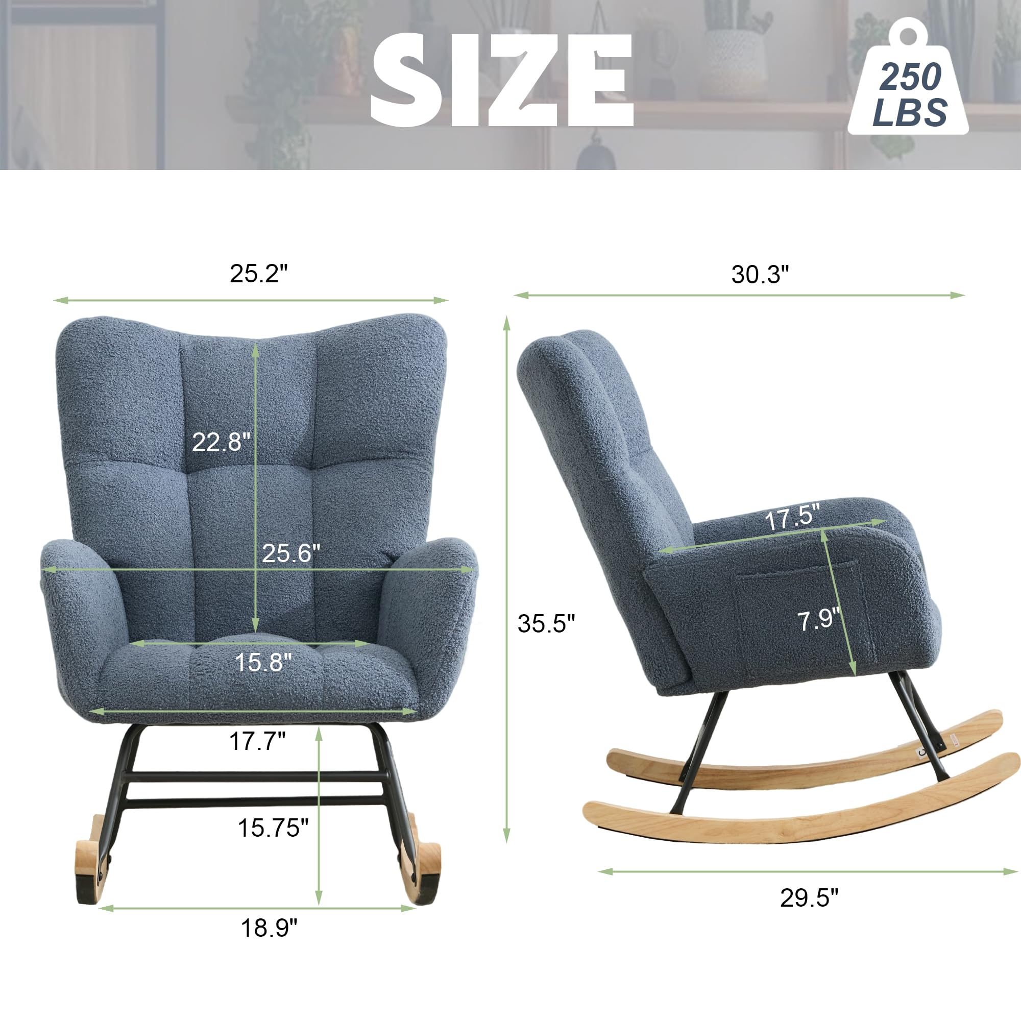 Comfy Blue Teddy Upholstered Glider Rocker - High Backrest Nursery Rocking Chair for Living Room, Bedroom & Office | Modern Accent Armchair with Smooth Gliding Motion | Perfect for Nursing Mothers, Relaxation & Home Decor