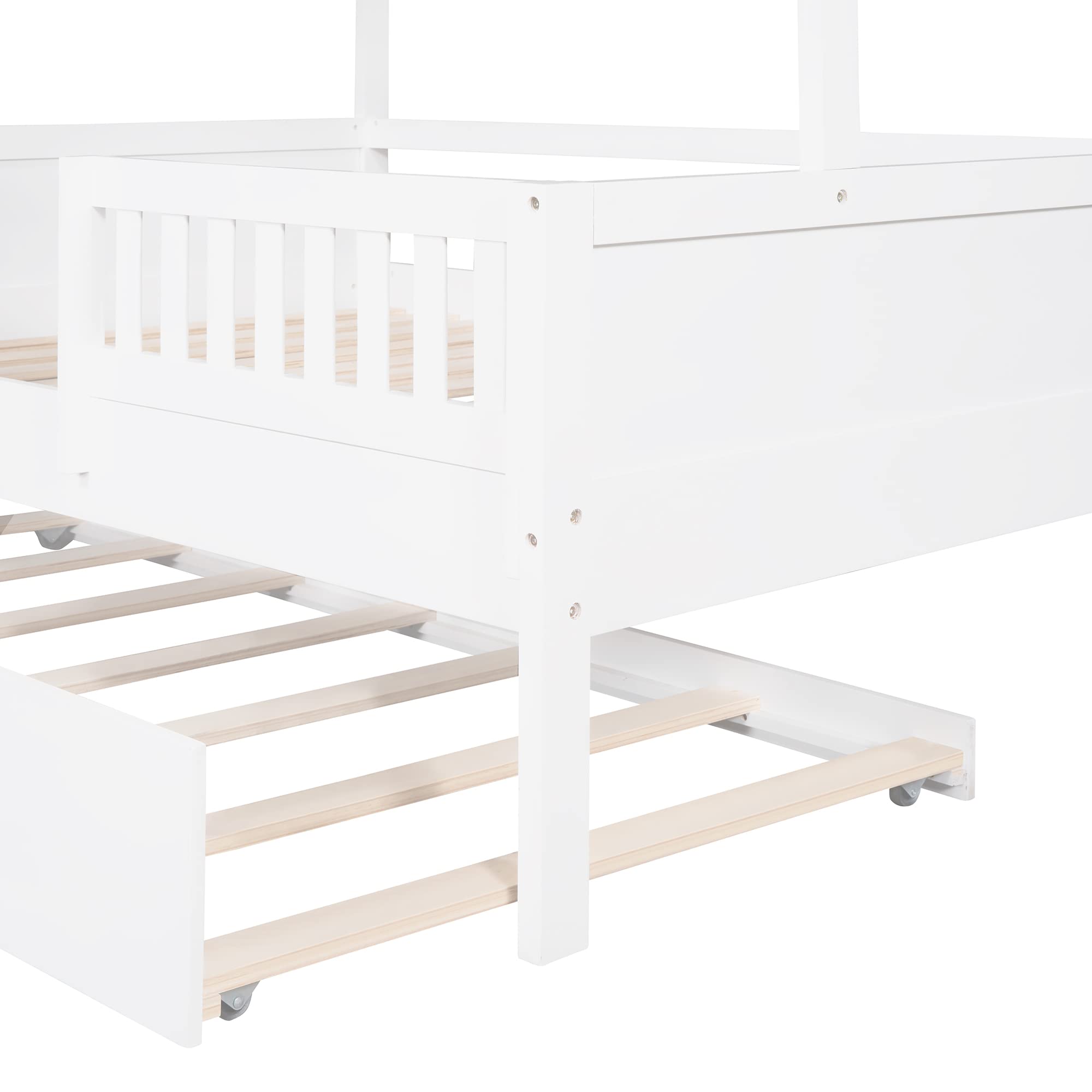 MERITLINE Full House Bed with Trundle - White Wooden Platform Bed Frame with Roof for Kids, Teens, Boys & Girls - Perfect for Small Bedrooms, Playrooms & Sleepovers