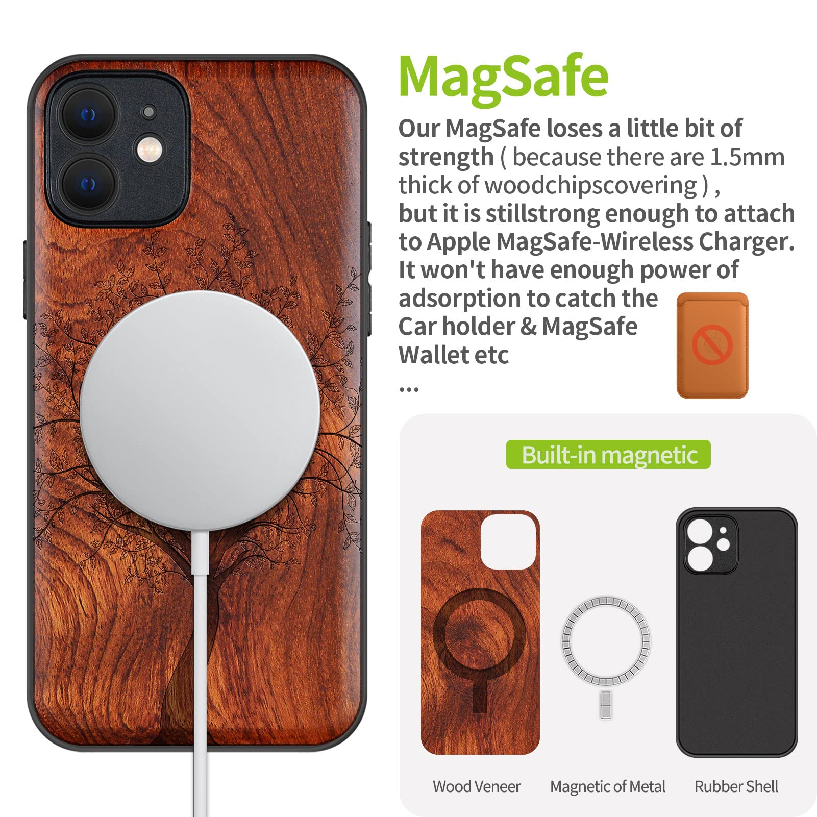 Carveit Magnetic Wooden iPhone 12 Case - Natural Wood & Black TPU Shockproof Protective Cover with MagSafe Compatibility | Premium Wood Phone Case for Everyday Protection (Leafy Tree Red Wood Design) - Perfect for Work, Travel & Outdoor Activities