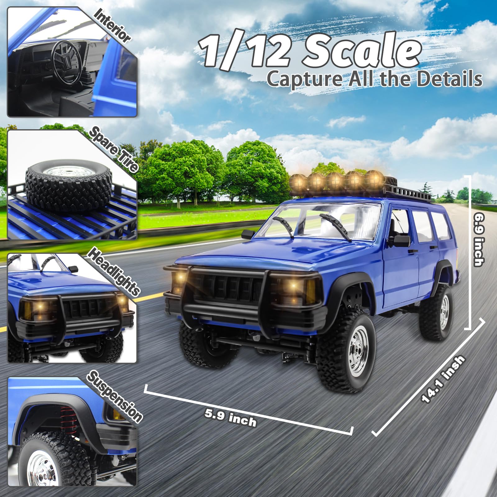 Fistone 1:12 Scale 2.4Ghz 4WD Remote Control Car - RC Rock Crawler Off-Road Truck with LED Lights, Waterproof All-Terrain Climbing Vehicle for Kids & Adults (Ages 8-12) - Perfect for Outdoor Adventures, Backyard Racing & Off-Roading Fun