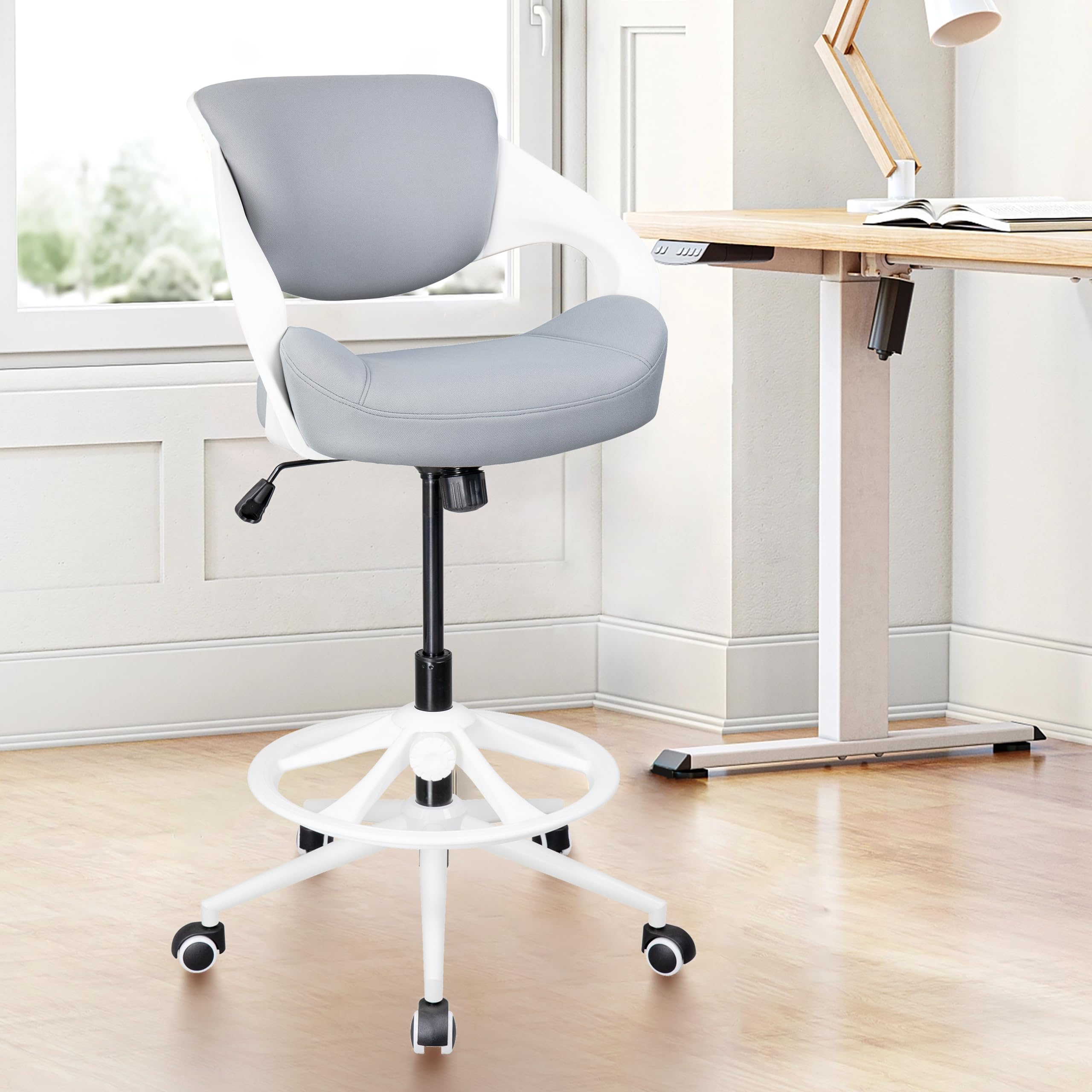 Ergonomic Drafting Chair with Lumbar Support & Foot Ring - Adjustable Swivel Task Chair for Standing Desks & Office Work - Grey - Perfect for Architects, Designers & Long Hours at Computer