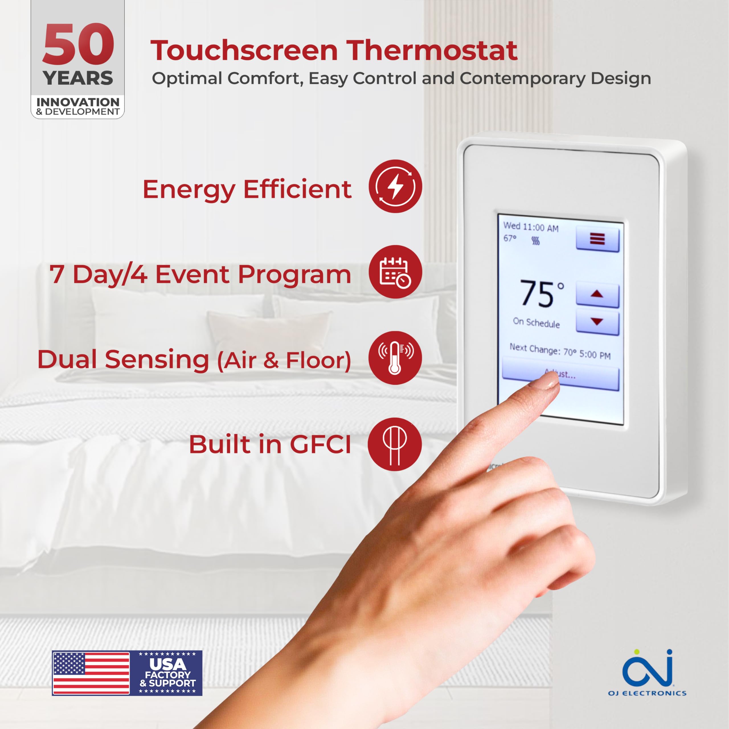 60sqft Electric Floor Heating Cable Kit - 120V Underfloor Heating System with Programmable Thermostat & GFCI - Warm Floors for Bathroom, Kitchen & Basement - Includes Heating Mat, Alarm & Temperature Sensor