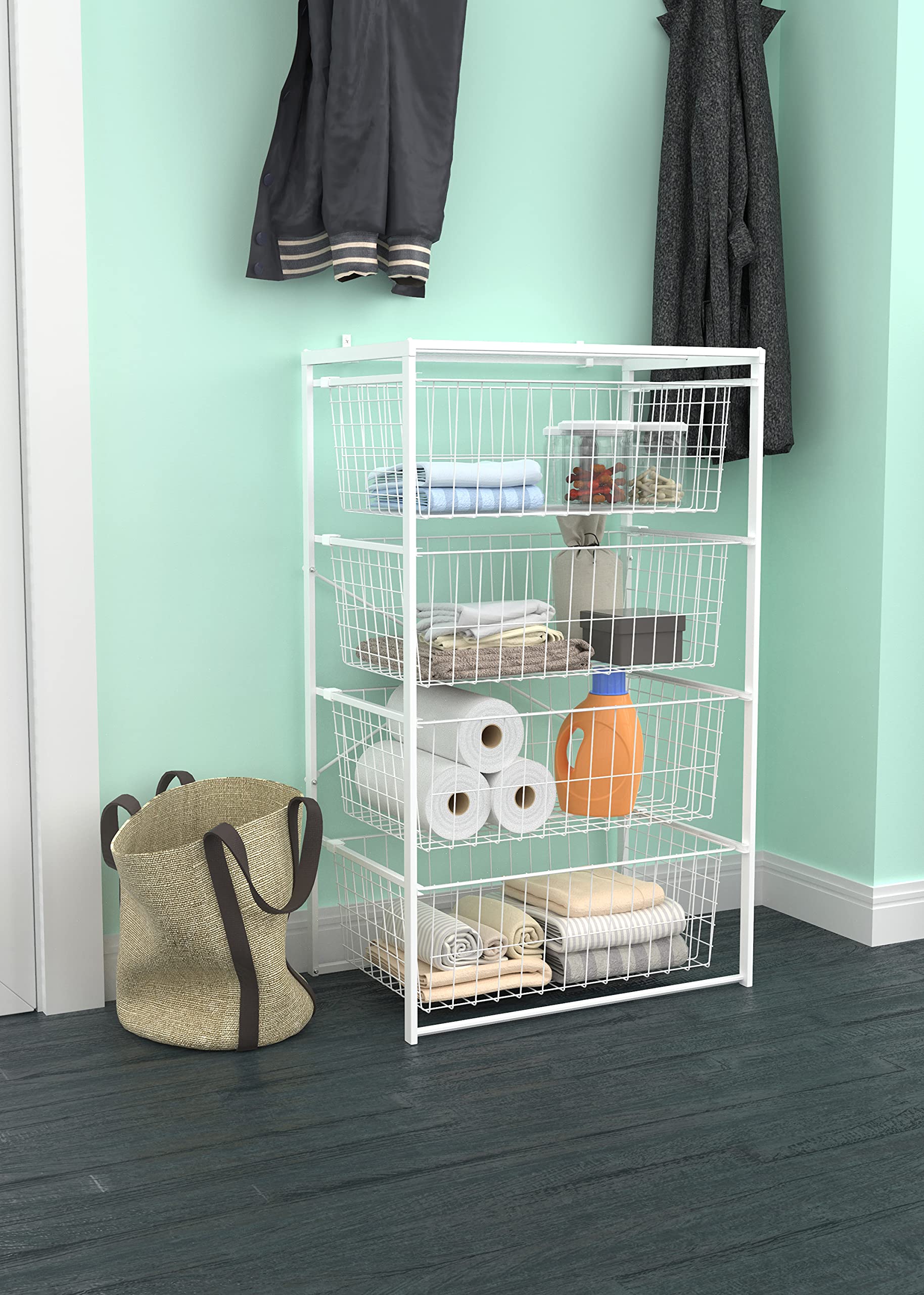 ClosetMaid 4-Drawer Wire Basket Organizer with Shelf - Sturdy Steel Storage Solution for Pantry, Closet, Clothes & Linens - Easy Assembly White - Perfect for Bedroom, Bathroom & Laundry Room Organization