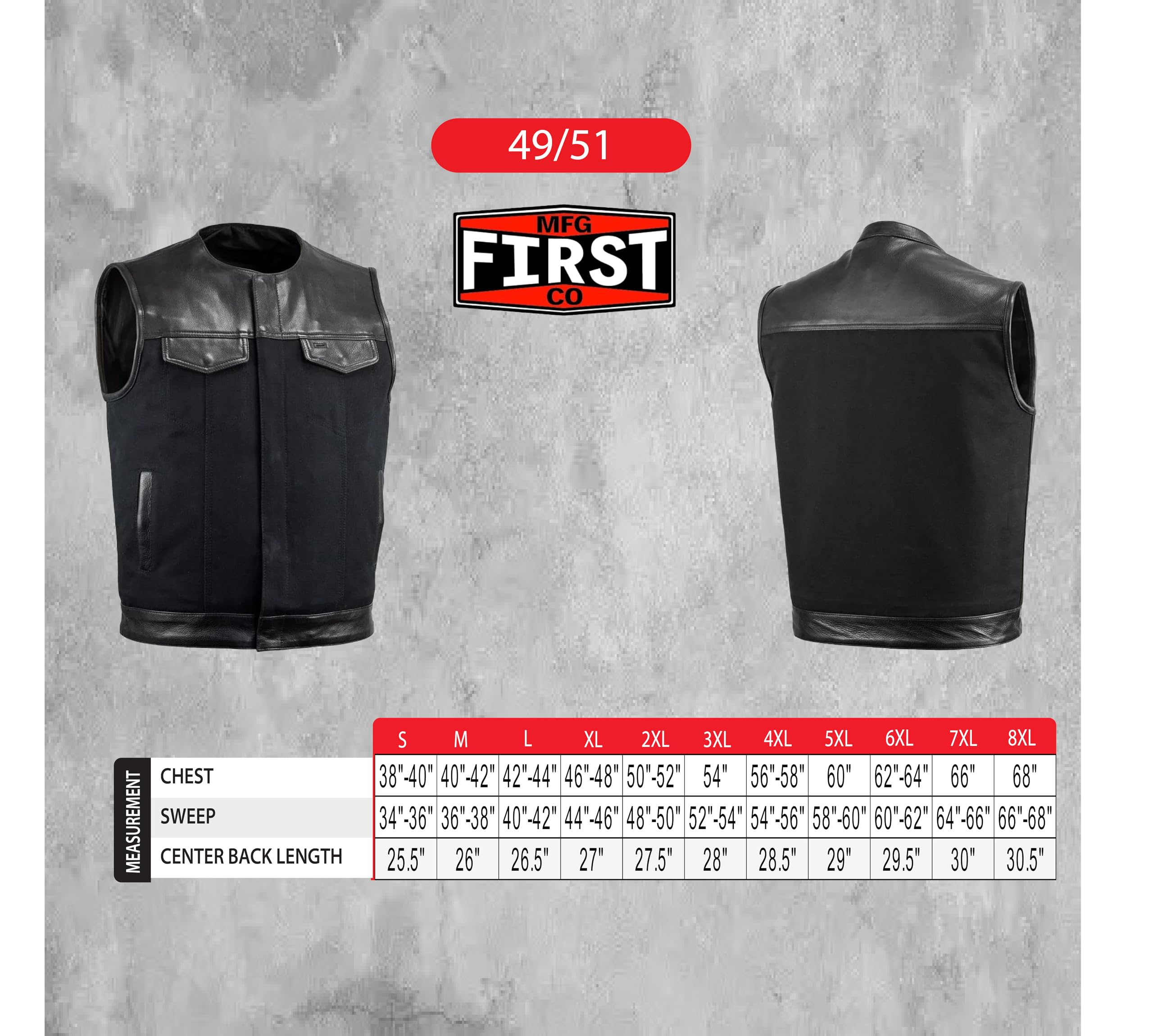 First Mfg Co - 49/51 - Men's Motorcycle Vest - Genuine Leather & Canvas - Black - Riding Gear for Bikers & Outdoor Enthusiasts