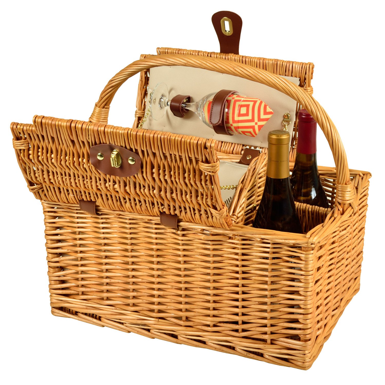 Picnic at Ascot Vineyard Willow Picnic Basket - Natural/Diamond Orange - Perfect for Outdoor Picnics, Wine Tasting & Romantic Getaways