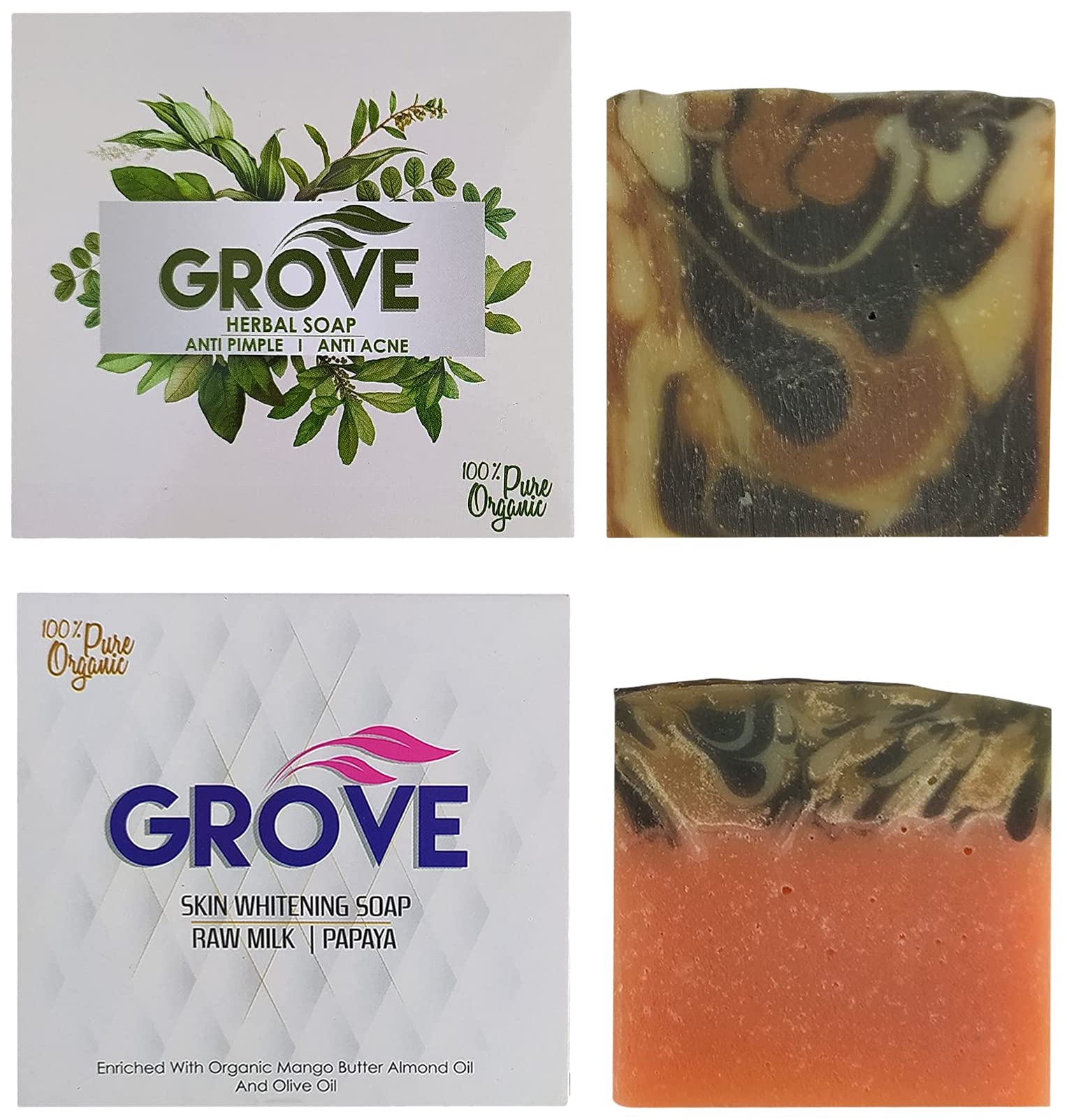 Grove Handmade Soap Combo - Herbal & Skin Brightening Soap Bars (100g Each) | Reduce Pimples, Dark Spots & Tan | Natural Skincare for Acne-Prone & Sun-Damaged Skin - Perfect for Daily Face & Body Cleansing Routine