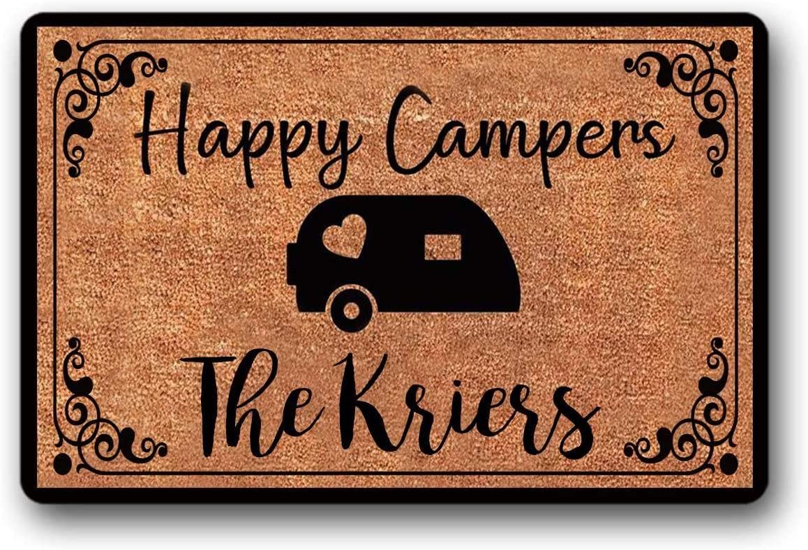 Personalized Happy Campers Doormat - Custom RV & Glamping Welcome Mat for Campers, Glampers & Motorhomes (23x15 Inches) - Perfect for Outdoor Enthusiasts & Cozy Home Entrance Decor