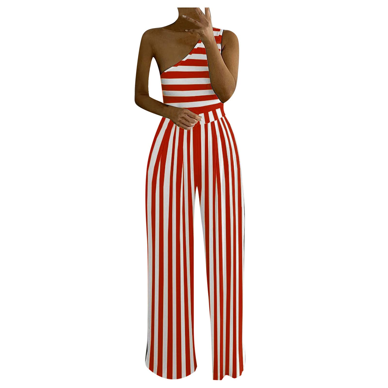 SHENGXINY Women's Fashion Jumpsuit - One-Shoulder Wide Leg Pants with Polka Dot & Striped Print | Casual Outfit for Summer, Beach, Party & Date Night