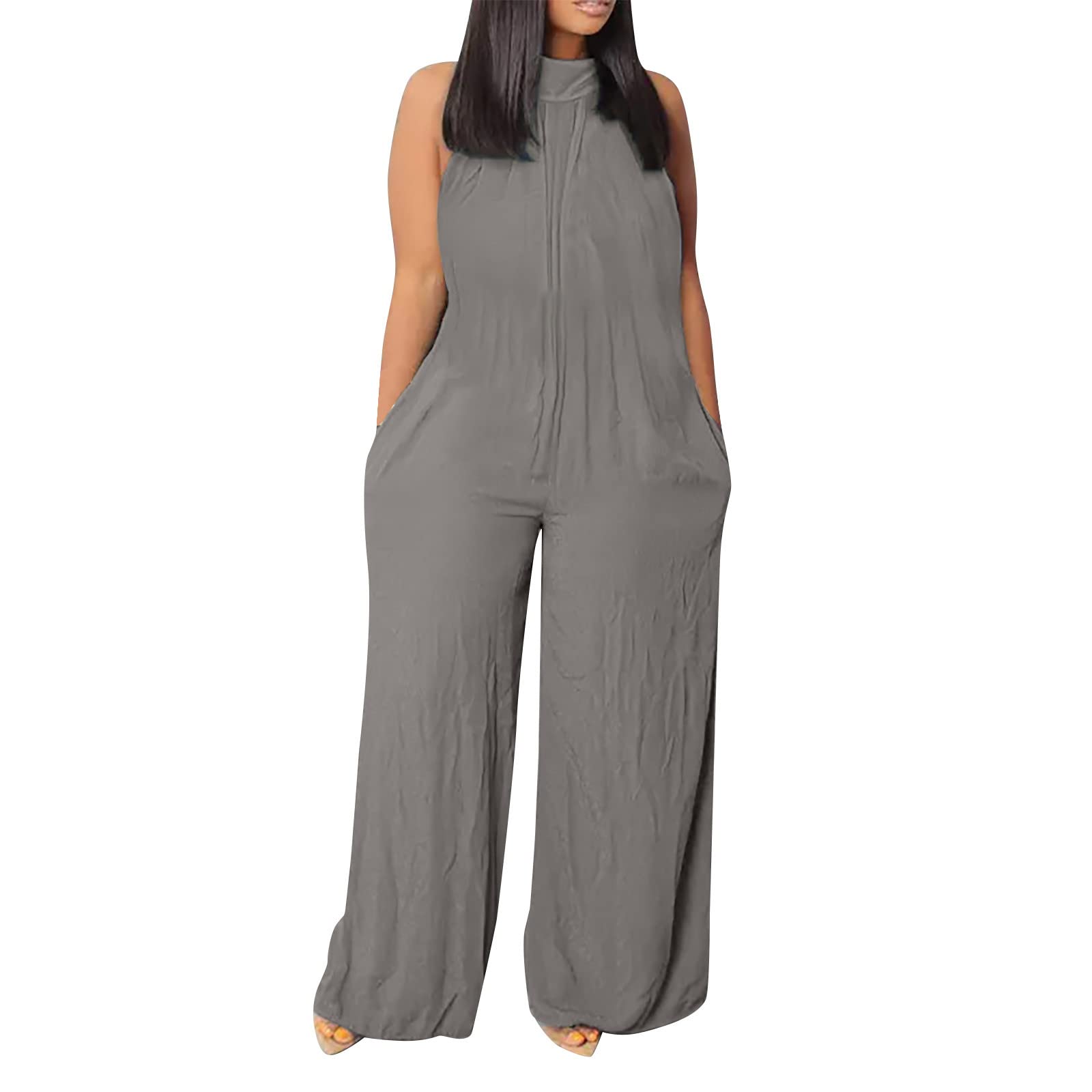 Women's Sleeveless Wide Leg Jumpsuit - Summer Beach Casual Romper, Solid Color Fashion One Piece Outfit | Perfect for Vacation, Pool Party & Boho Style