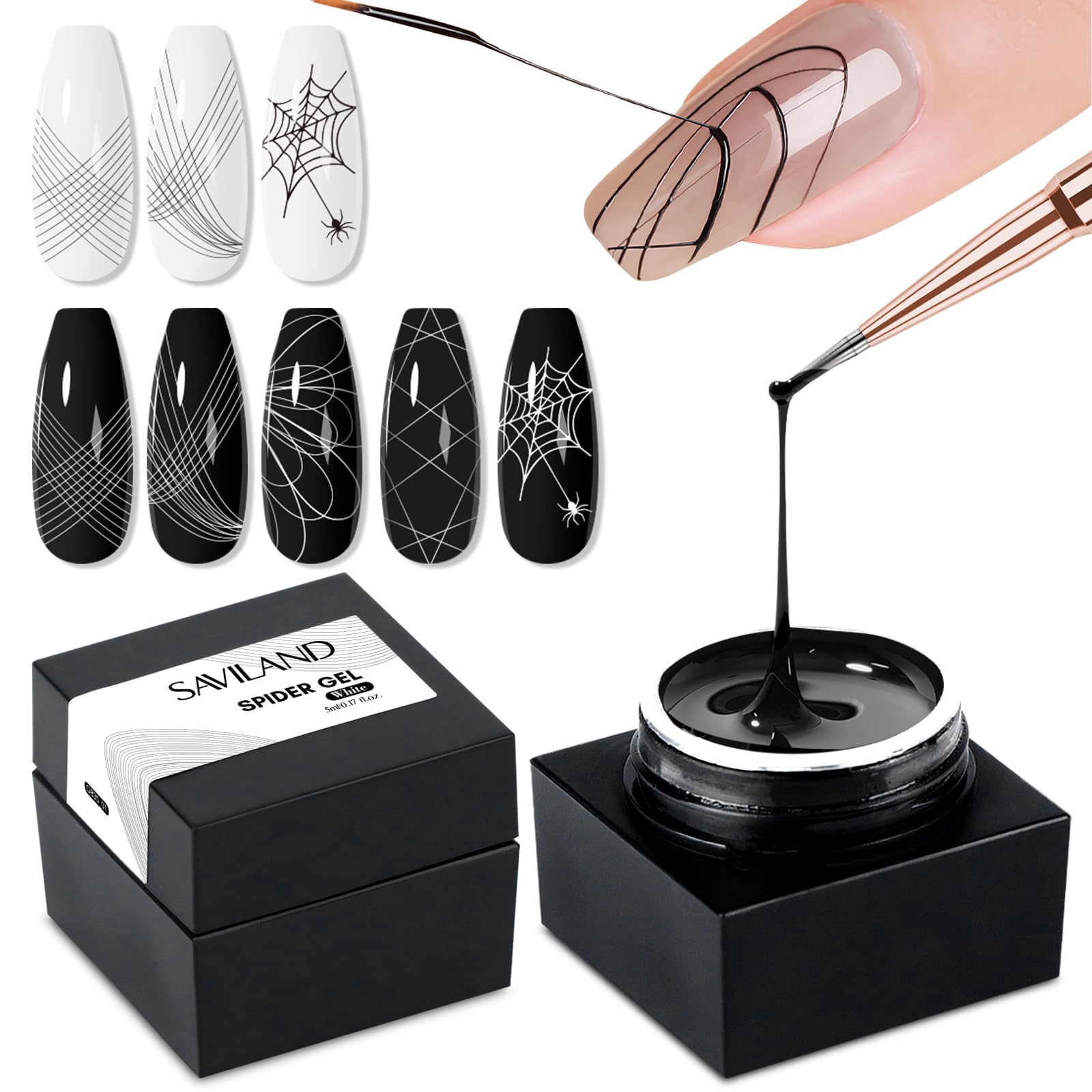 SAVILAND 2 PCS Spider Gel Set - Black & White Soak Off UV LED Gel for Nail Art | High Toughness & Elasticity | Easy to Use for Beginners | Perfect for Home Salon & Professional Manicure