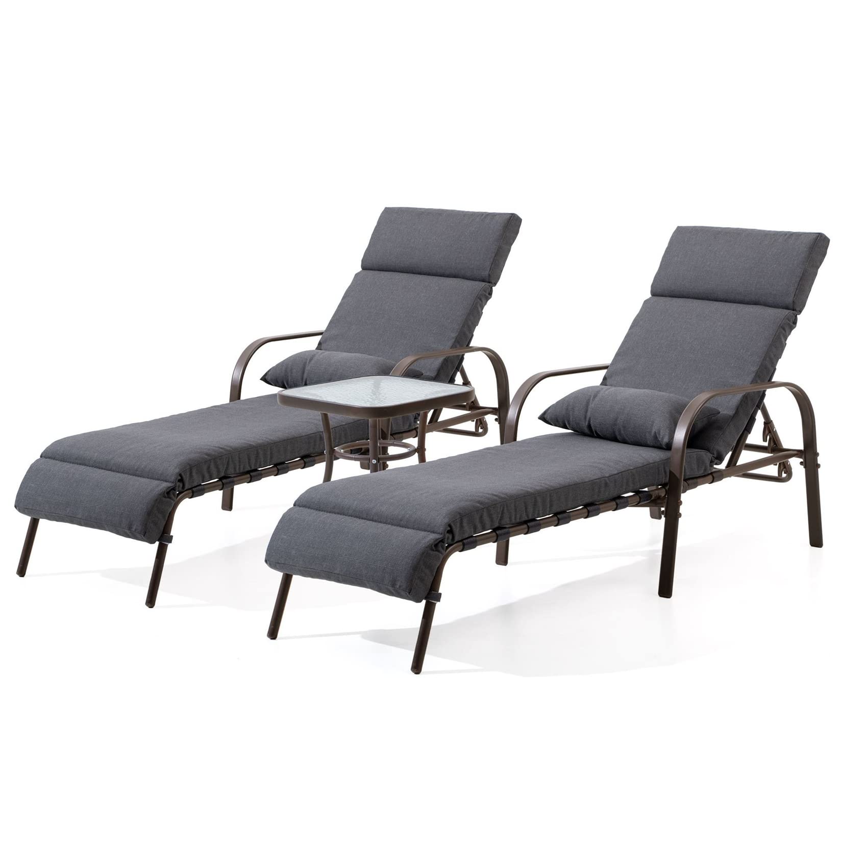 **Pellebant Adjustable Patio Chaise Lounge Chair Set with Cushion & Side Table - 5-Position Folding Outdoor Recliner for Beach, Pool, Yard - All-Weather Durable Dark Grey (3-Piece Set) - Perfect for Relaxing, Sunbathing & Outdoor Lounging**