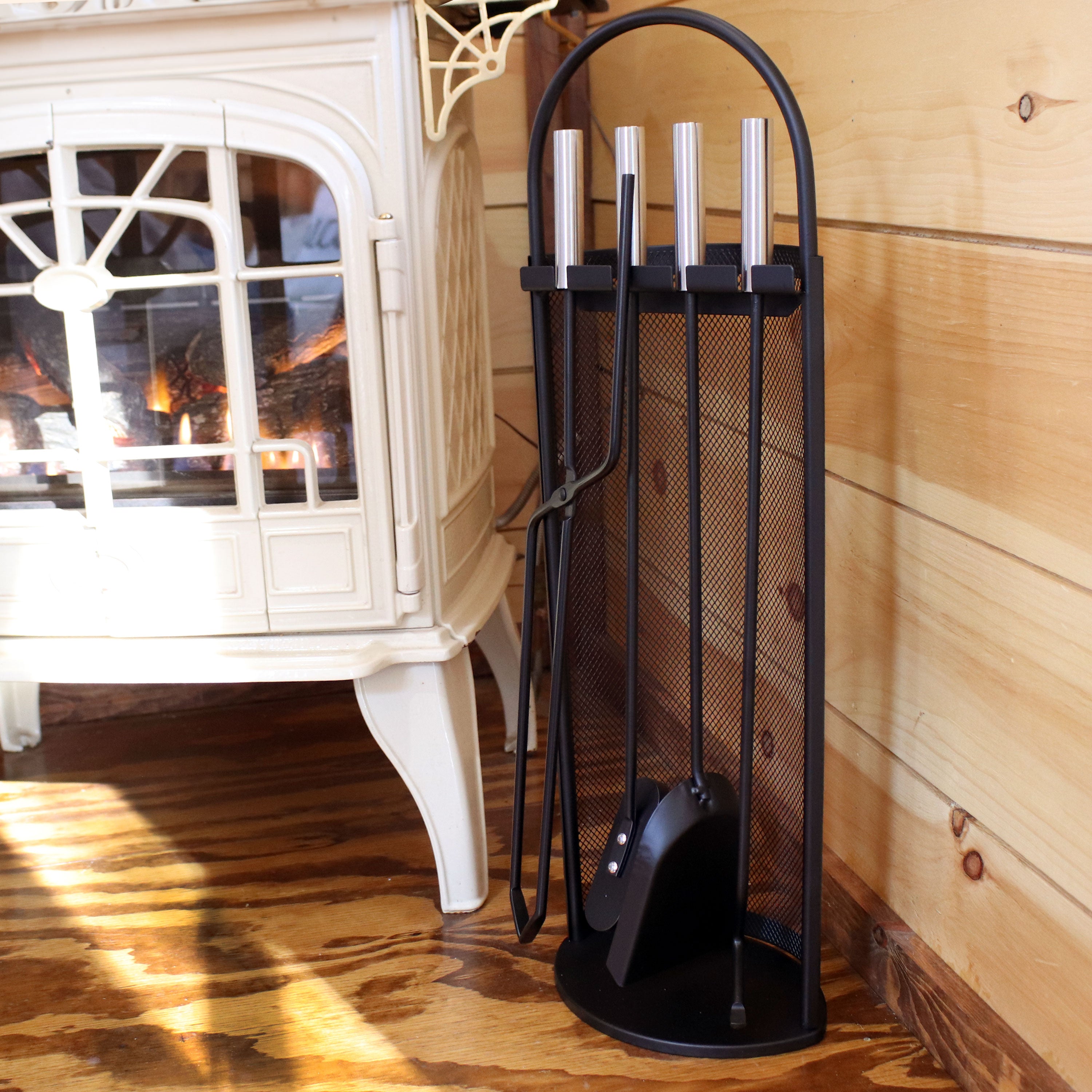 Sunnydaze 4-Piece Fireplace Tool Set with Mesh Shroud Holder - Heavy Duty Steel Fireplace Poker, Brush, Shovel & Stand - Perfect for Indoor & Outdoor Fire Pits, Wood Stoves & Fireplaces
