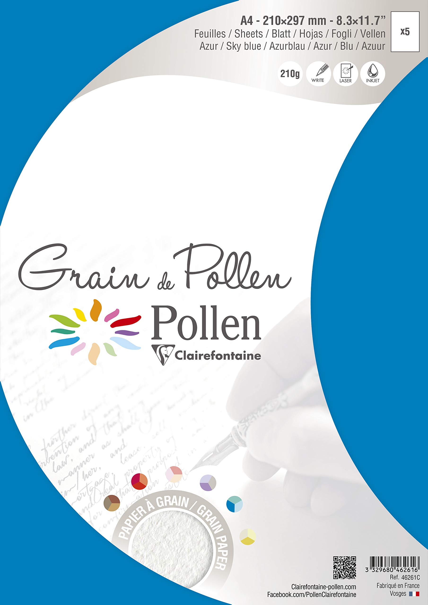 Clairefontaine Grain De Pollen Cardstock - Pack of 5 A4 Sheets (210x297mm) - 210gsm Premium Paper for Inkjet & Laser Printers - Acid-Free Sky Blue Card - Perfect for Wedding Invitations, Greeting Cards & Scrapbooking
