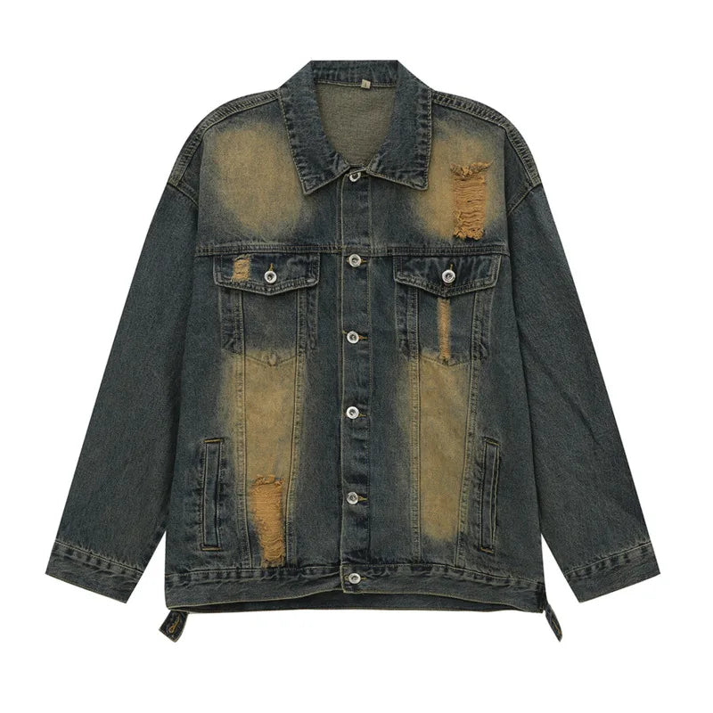 Men's Distressed Denim Jacket - American Style Faded Contrast Color Turn-Down Collar Coat | Trendy Fall Outerwear for Casual Wear & Street Style