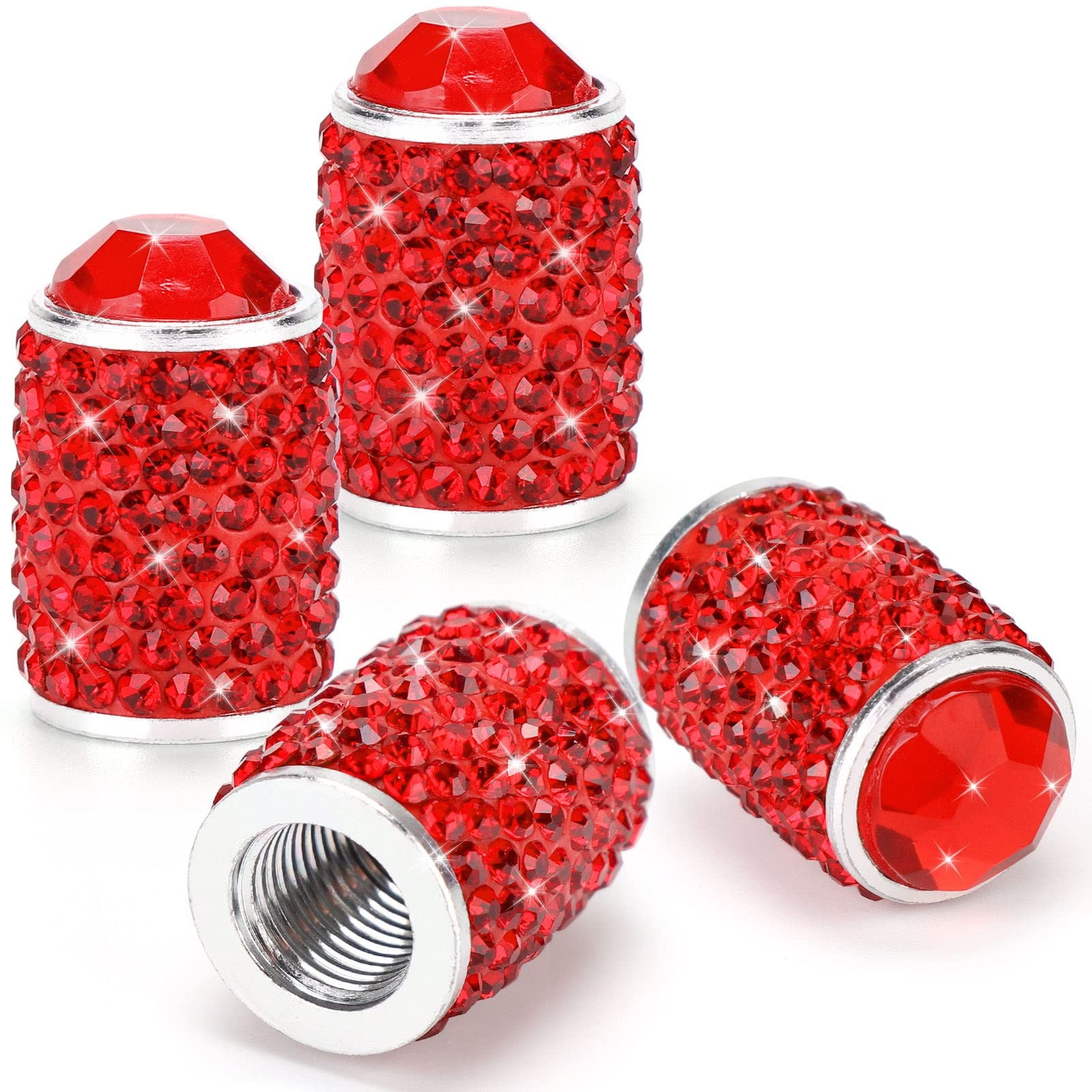 Bling Crystal Tire Valve Caps - 4 Pack Red Rhinestone Covers for Car SUV Motorcycle - Dustproof Luxury Accessories for Night Driving