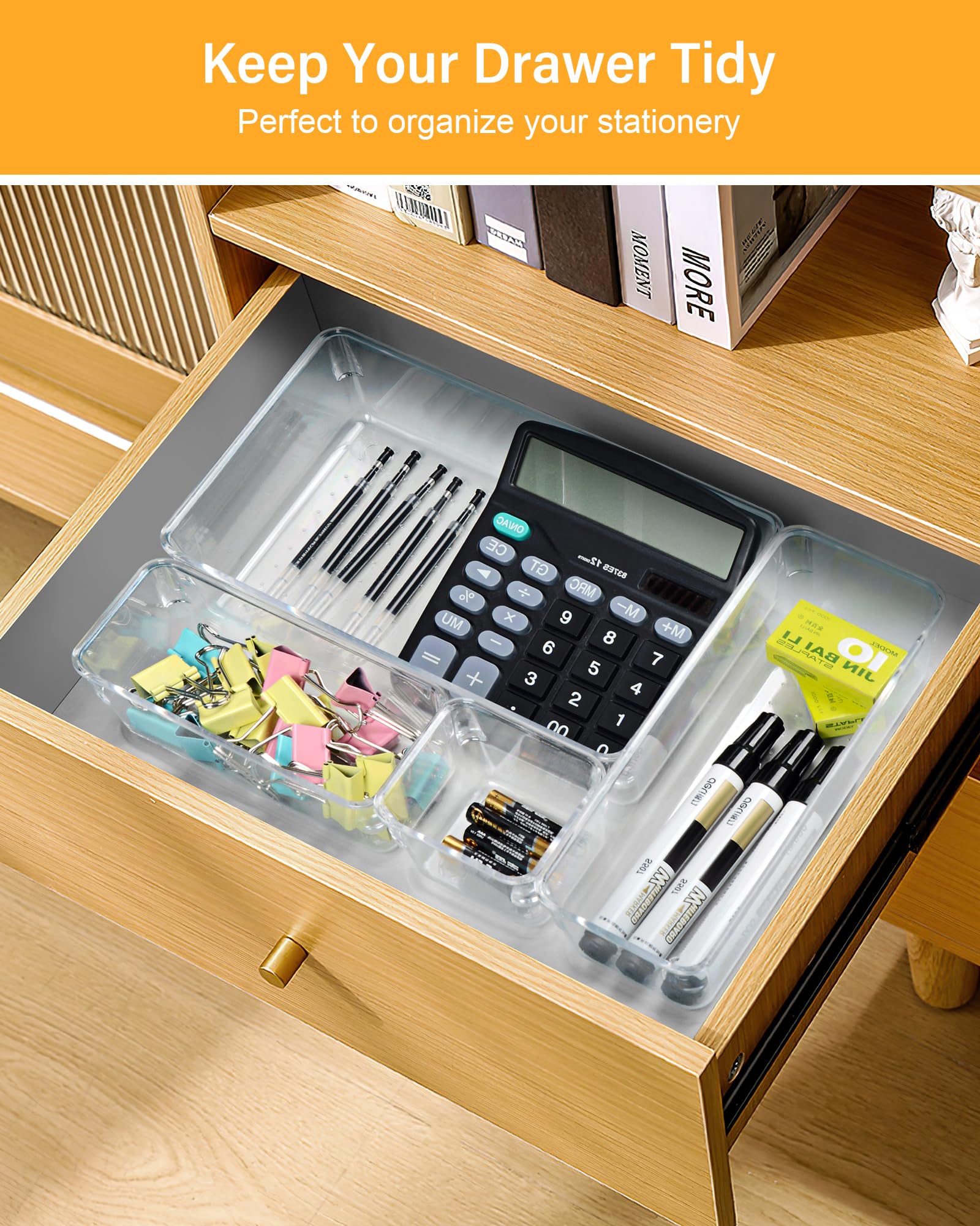 44-Piece Clear Plastic Drawer Organizer Set - 4-Size Stackable Storage Bins for Bathroom Vanity, Makeup, Kitchen Utensils & Office Supplies - Space-Saving Drawer Dividers for Home & Office Organization