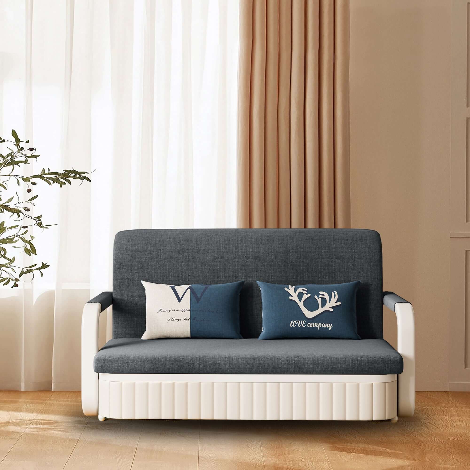 2-Seater Sofa Bed with Storage - Cotton Linen Upholstery & Square Arms - Perfect for Small Apartments, Guest Rooms, and Home Offices