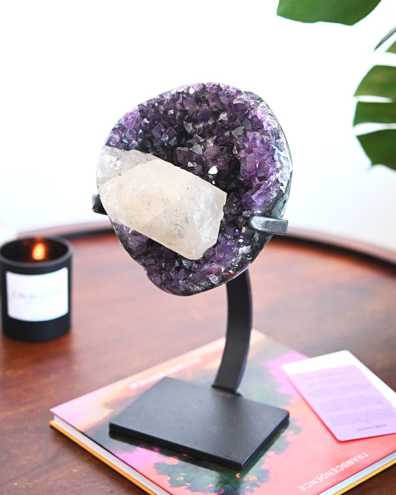 Natural Amethyst with Calcite Geode on Wooden Stand - 10lbs Large Healing Crystal for Home Decor, Meditation & Spiritual Gifts