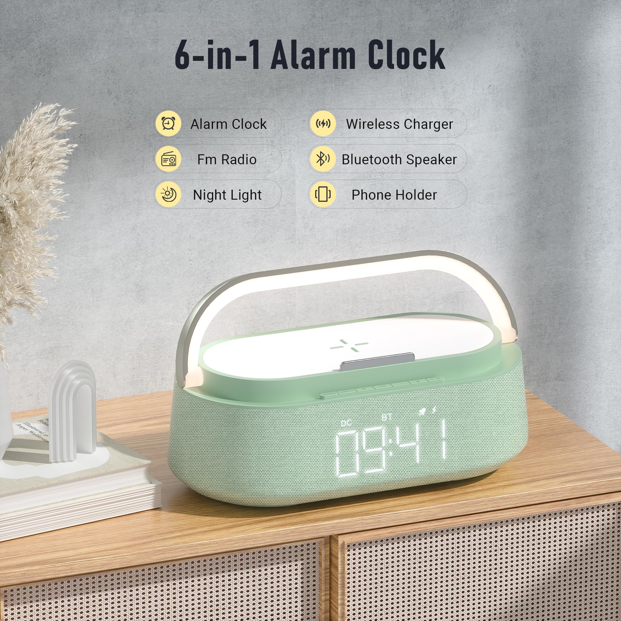 Portable Bluetooth Speaker with Fast Wireless Charger, FM Radio, Touch LED Night Light & Phone Holder - Perfect for Bedroom, Office, Home Use & Gift Giving | Enjoy Music, Charging & Ambient Lighting Anywhere