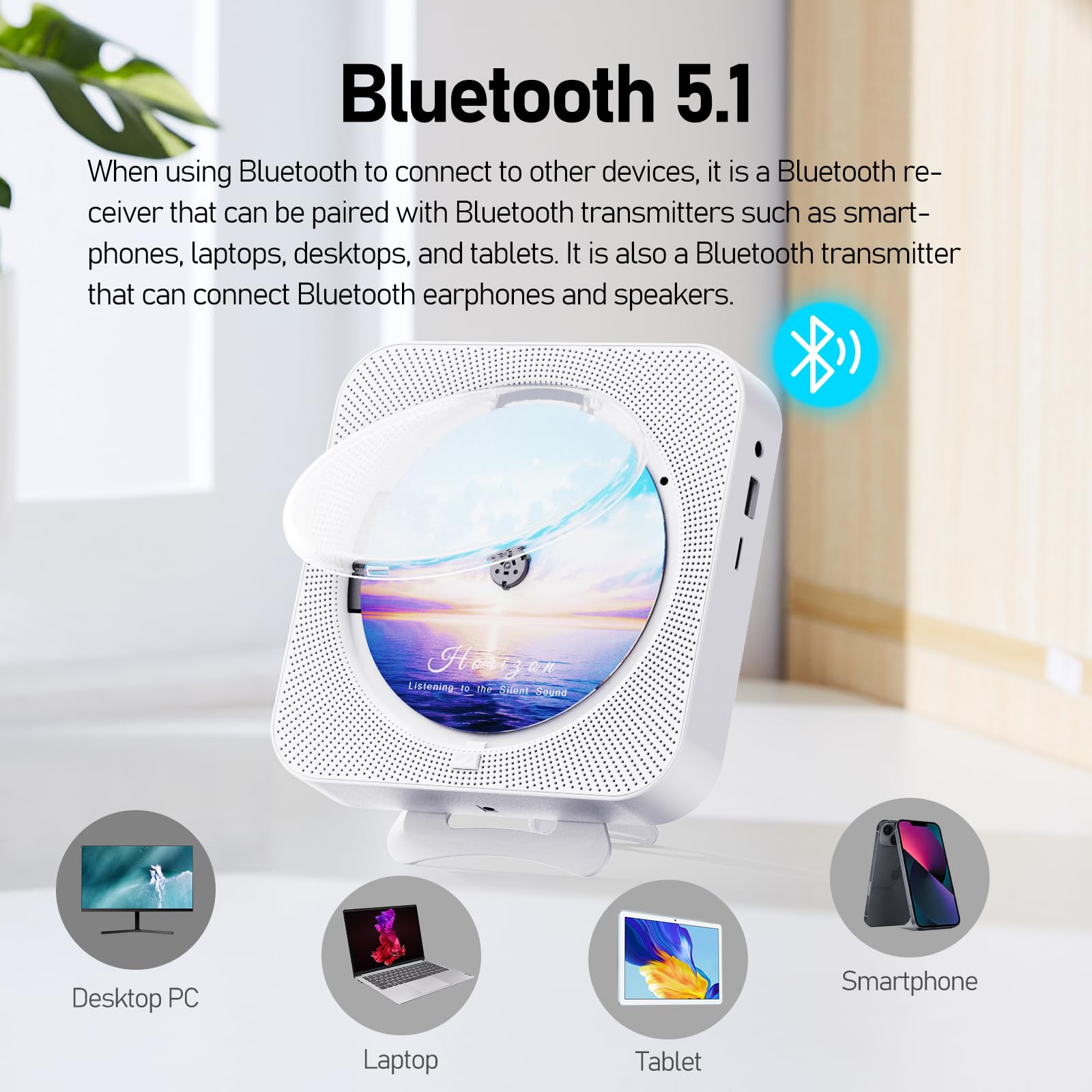 Wireless Bluetooth CD Player with Remote Control, Timer, Built-in Speakers & LED Display - Portable FM Radio Boombox for Home, Office, and Outdoor Use (White) - Perfect for Music Lovers, Parties, and Relaxation