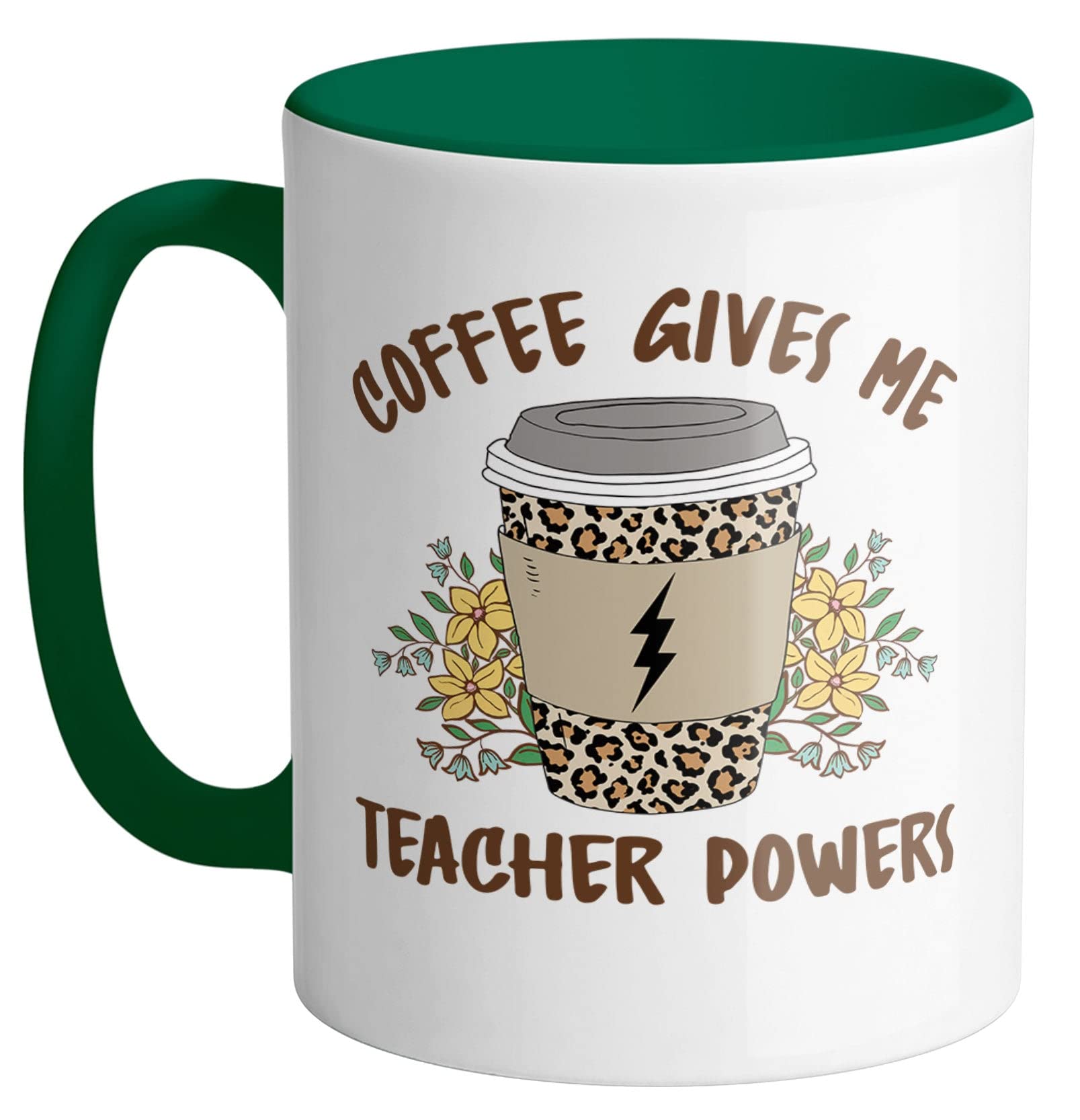TeesAndTankYou 'Coffee Gives Me Teacher Powers' Ceramic Coffee Mug - 11oz Forest Green Teacher Gift - Perfect for Classroom, Office & Home Use