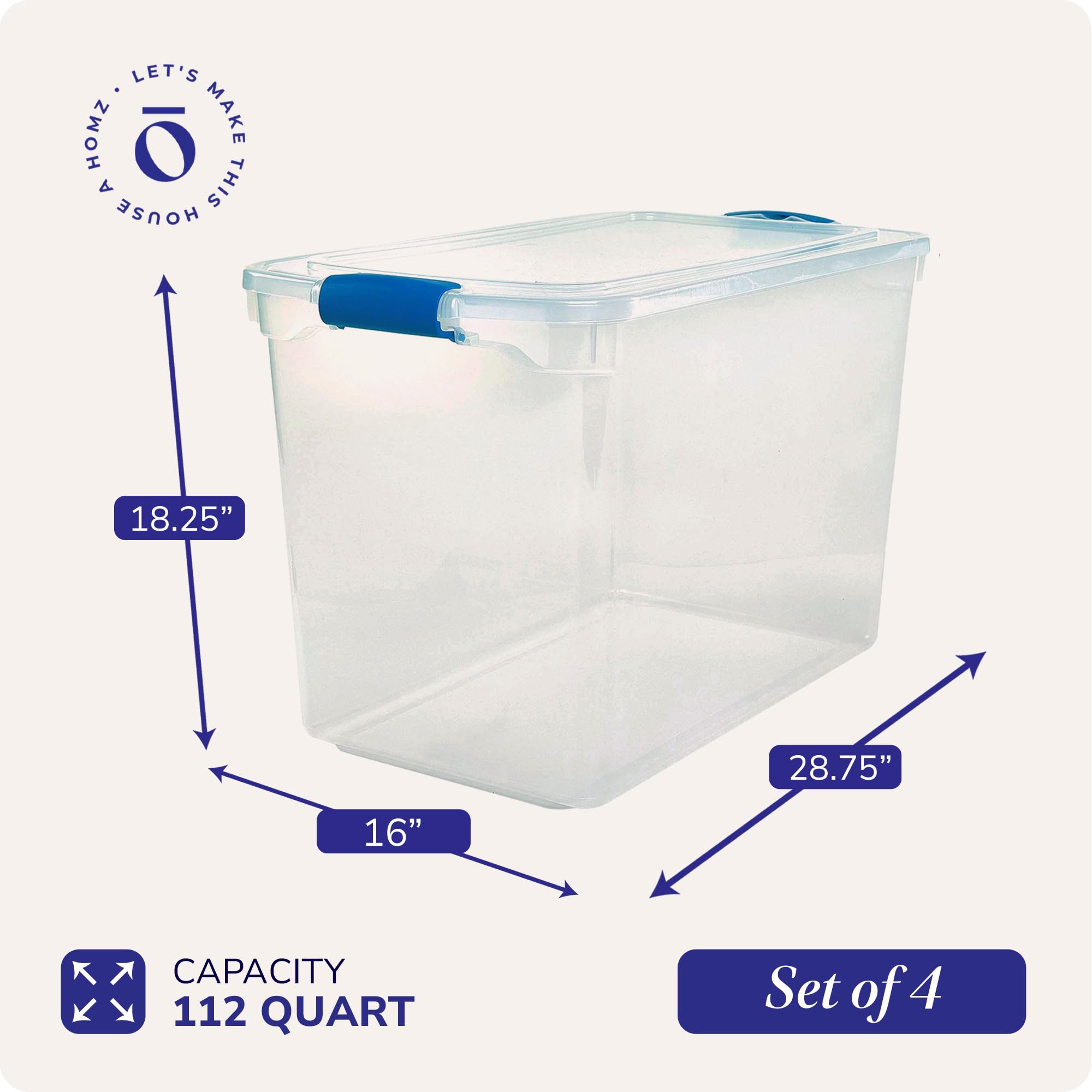 HOMZ 4-Pack 112 Quart Clear Plastic Storage Bins with Secure Blue Latches - Stackable Organizer Containers for Home, Office, Closet & Garage Organization