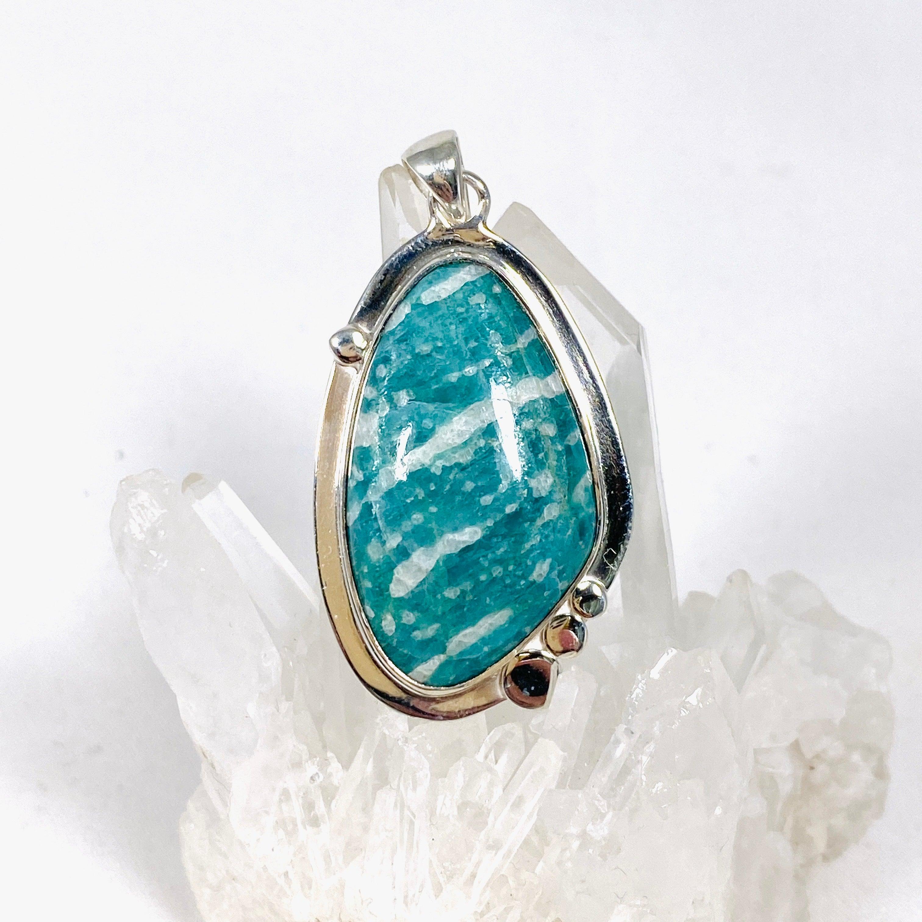 Amazonite Freeform Pendant Necklace with Detailed Sterling Silver Setting KPGJ3756 - Perfect for Boho Jewelry, Spiritual Healing & Gift Giving