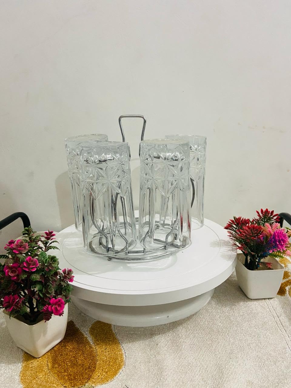 Stainless Steel Lotus Design Glass Holder Rack for 6 Glasses - Kitchen, Dining Table, Home & Office Use - Virgin Glass & Tumbler Stand (Nickel Chrome) | Perfect for Wine Storage, Bar Organization & Party Serving