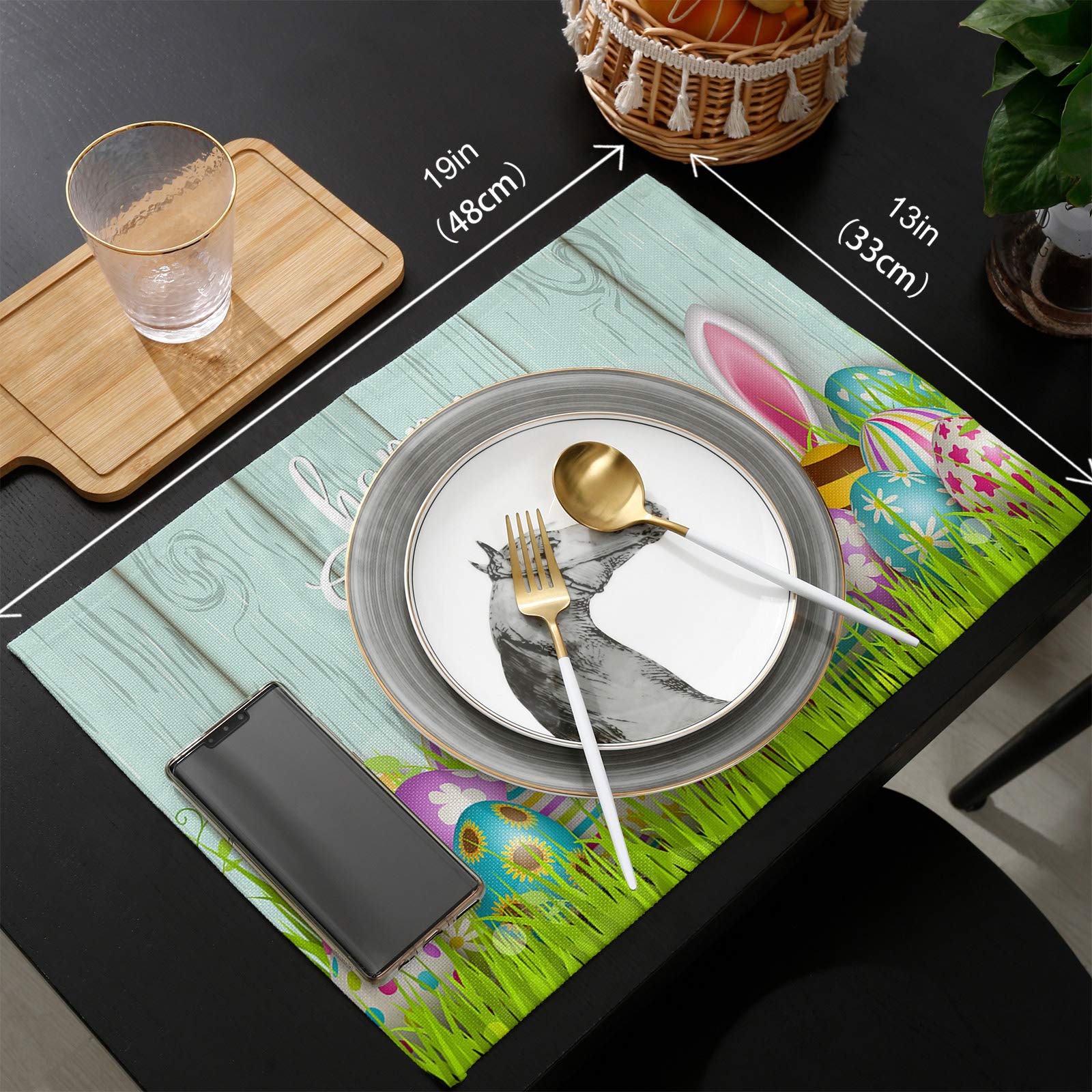 Easter Table Mats Set of 4 - Bunny Ears & Easter Eggs Design - Spring Holiday Cotton Linen Washable Placemats - Wood Grain & Grass Pattern for Dining Table Decor - Perfect for Easter Dinner, Spring Celebrations & Home Decoration