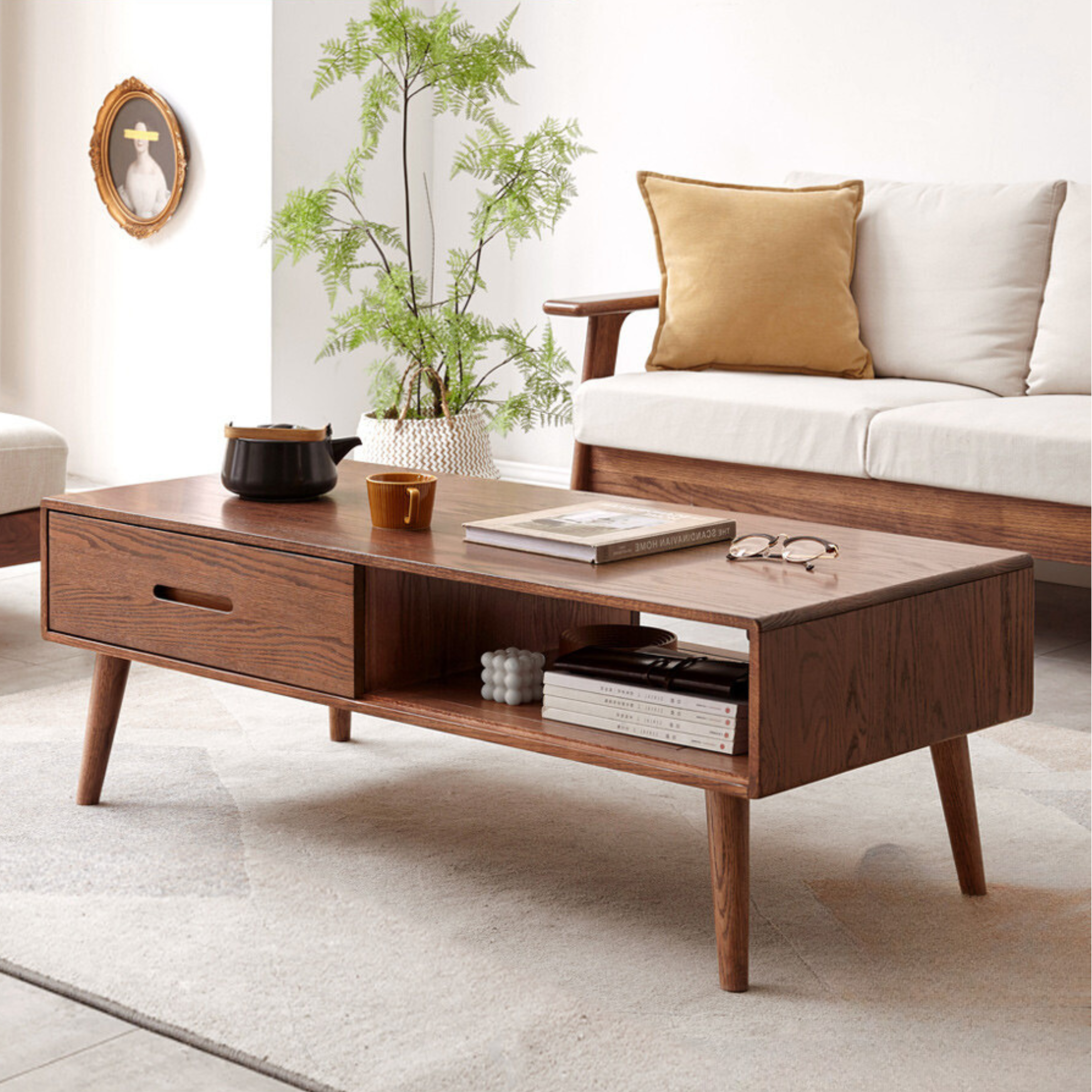 Solid Oak Wood Two-Drawer Coffee Table - Walnut Finish | Rustic Living Room Furniture for Home Decor & Storage