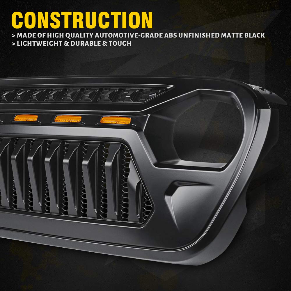 Xprite Black Front Grille with Amber LED Running Lights for 2018-2021 Jeep Wrangler JL & JT | Off-Road Style Upgrade | Perfect for Night Driving & Off-Road Adventures