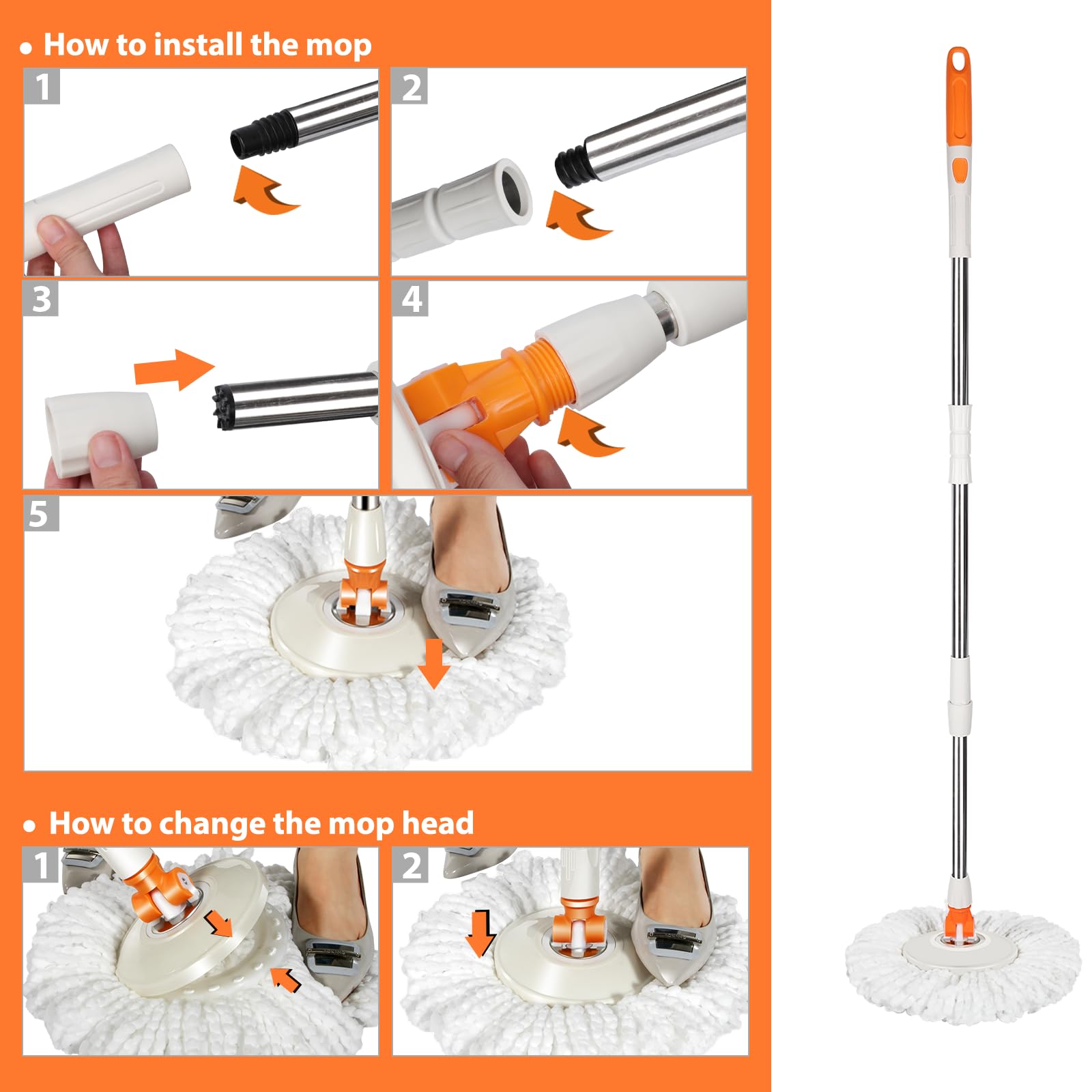 MASTERTOP Spin Mop and Bucket Set with Wringer - Microfiber Floor Mop for Hardwood & Laminate Floors - Easy Foot Pedal Cleaning System Includes 5 Replacement Mop Heads - Perfect for Home, Kitchen, and Bathroom Cleaning