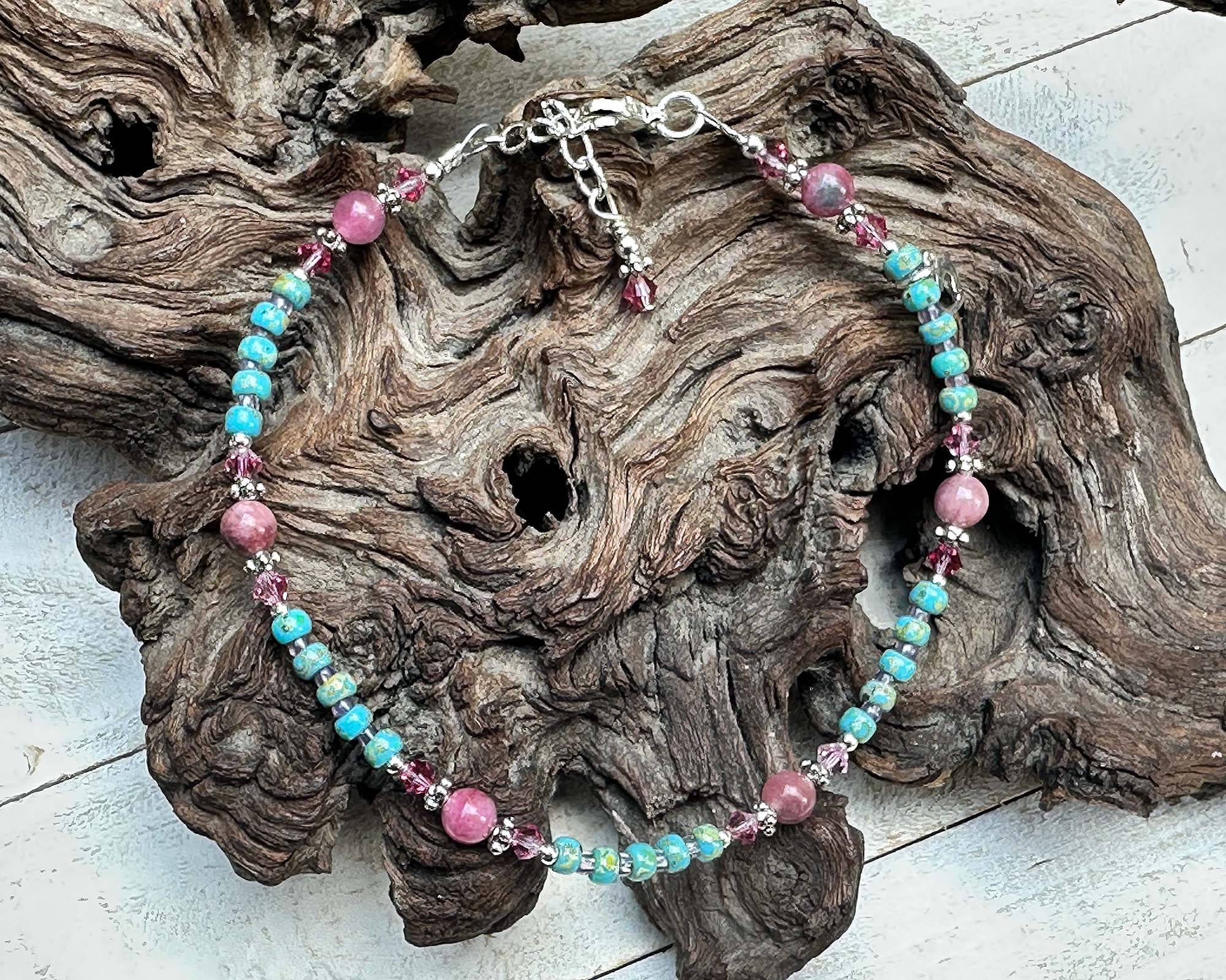 10 Turquoise Pink Rhodonite Gemstone Beaded Anklet - Handmade Boho Chic Adjustable Ankle Bracelet for Women, Yoga, Beach & Festival Fashion Accessory