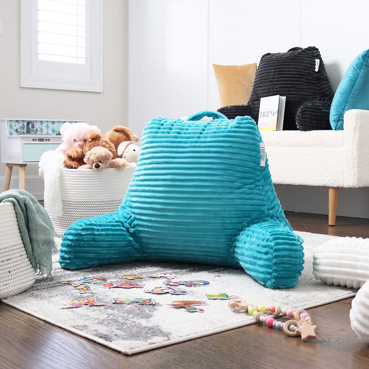 Nestl Reading Pillow for Adults - Plush Back Support Pillow with Shredded Memory Foam, Armrests & Storage Pockets - Perfect for Reading, Watching TV, or Relaxing in Bed (Teal)