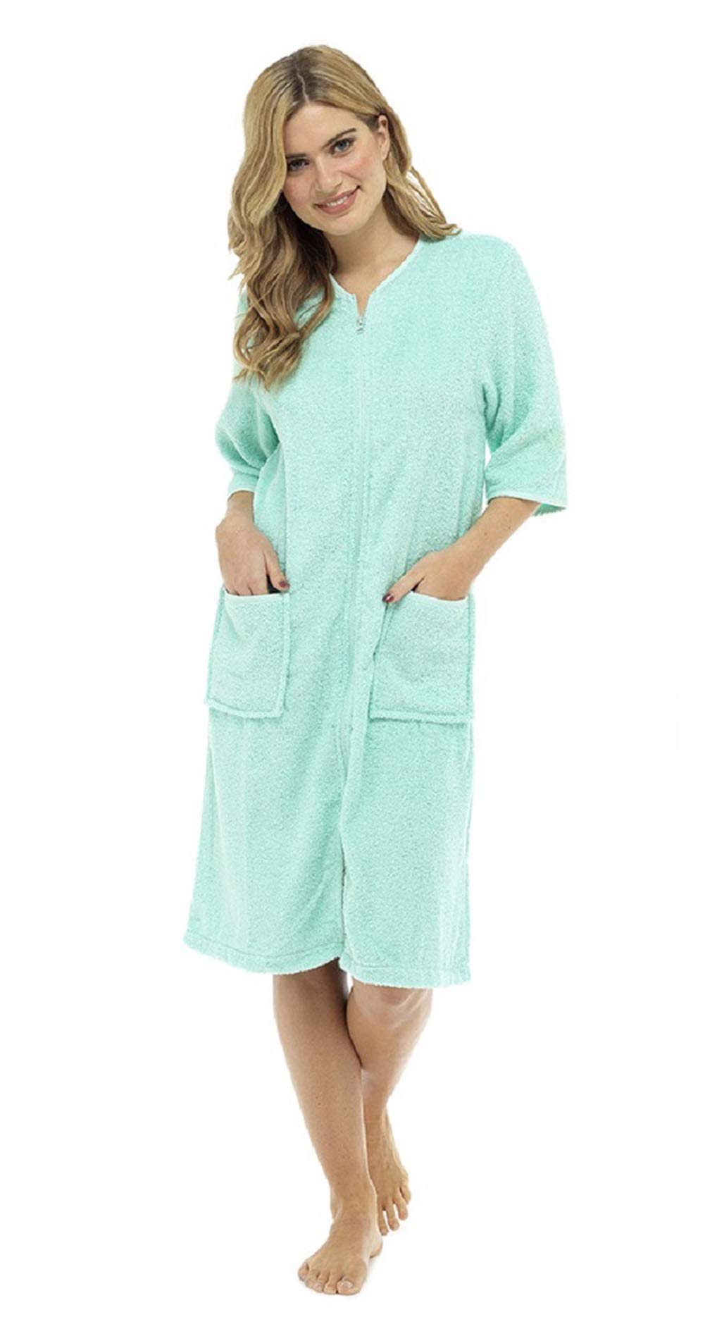 Tom Franks Women's Cotton Terry Cloth Zip Front Dressing Gown Robe - Soft & Cozy Bathrobe for Spa, Lounge & Home Relaxation - Mint Green