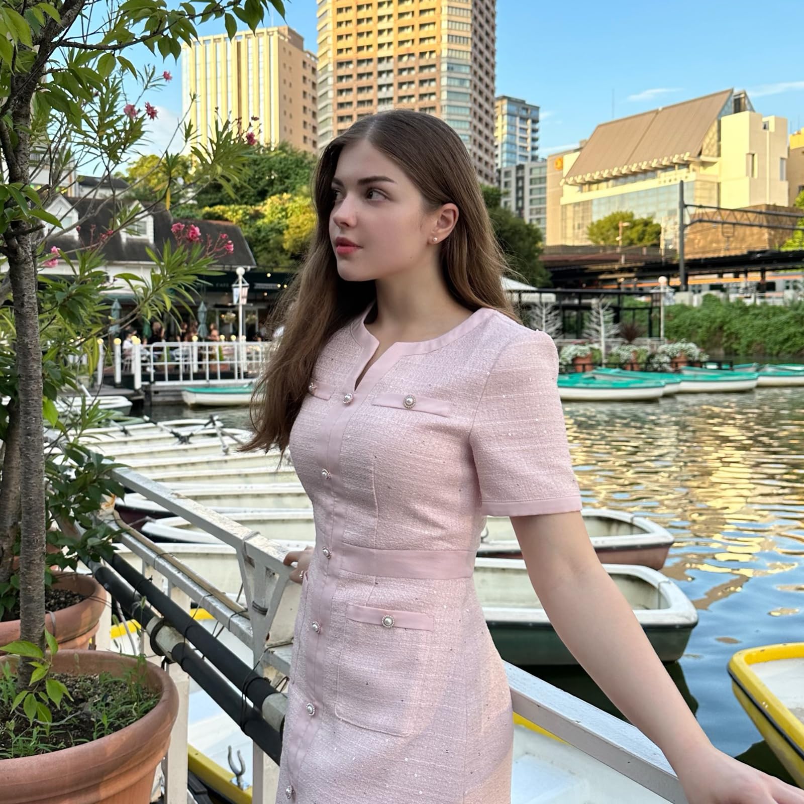 Elegant Summer Tweed Dress for Women - Short Sleeve A-Line Mini Dress with Crew Neck & Lace Detail | Perfect for Casual Wear, Office Outfits & Summer Parties