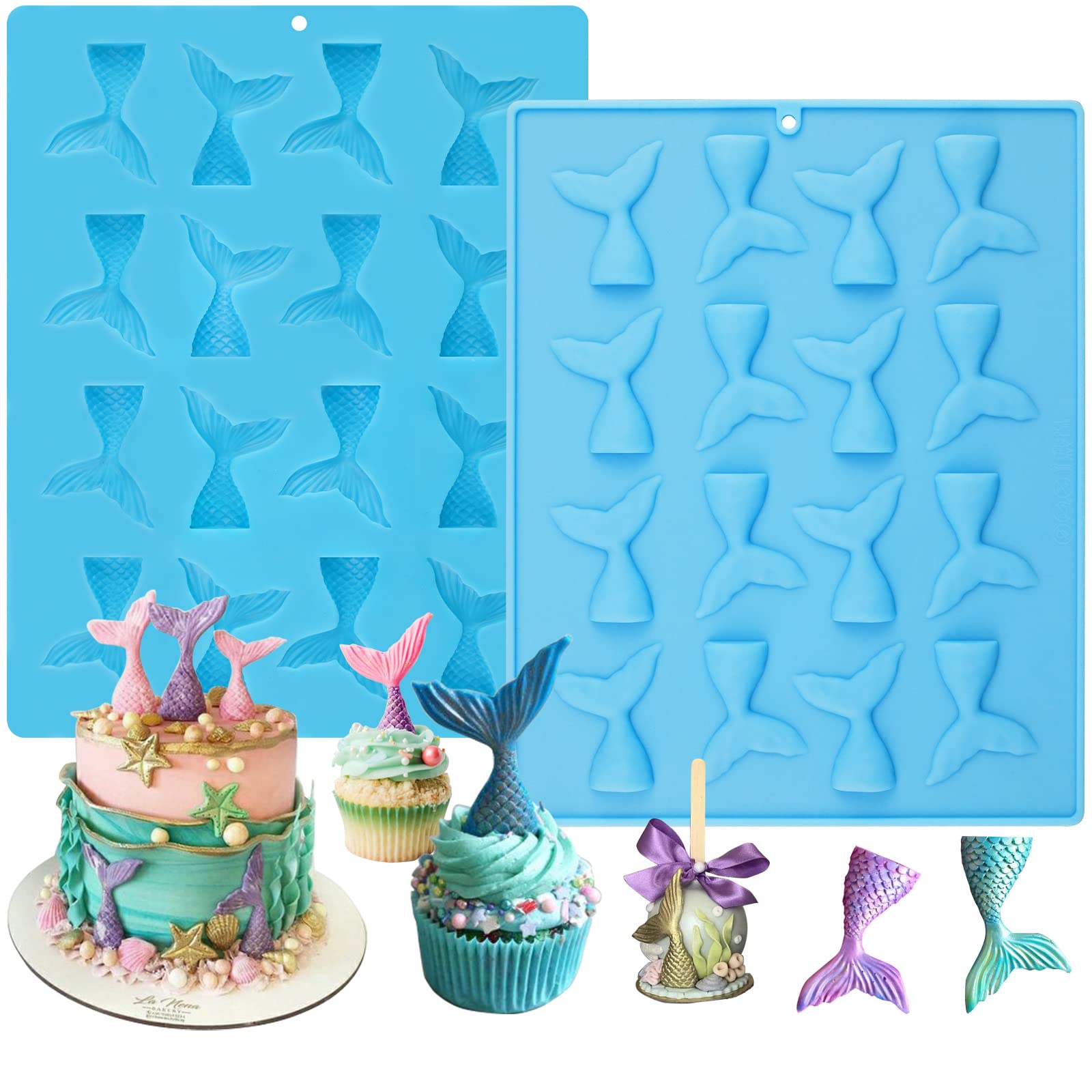 Sakolla 2 Pack Mermaid Tail Silicone Molds for Chocolate, Cake Decorating, Candy, Cupcakes, Resin, Gummies - Blue | DIY Baking, Candy Making, Party Treats & Home Decor