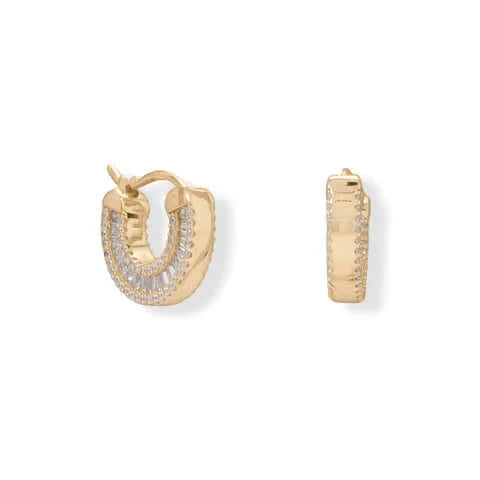 14K Gold Plated Sterling Silver Baguette Cubic Zirconia Hoop Earrings for Women - Elegant Everyday Jewelry & Perfect Gift for Her