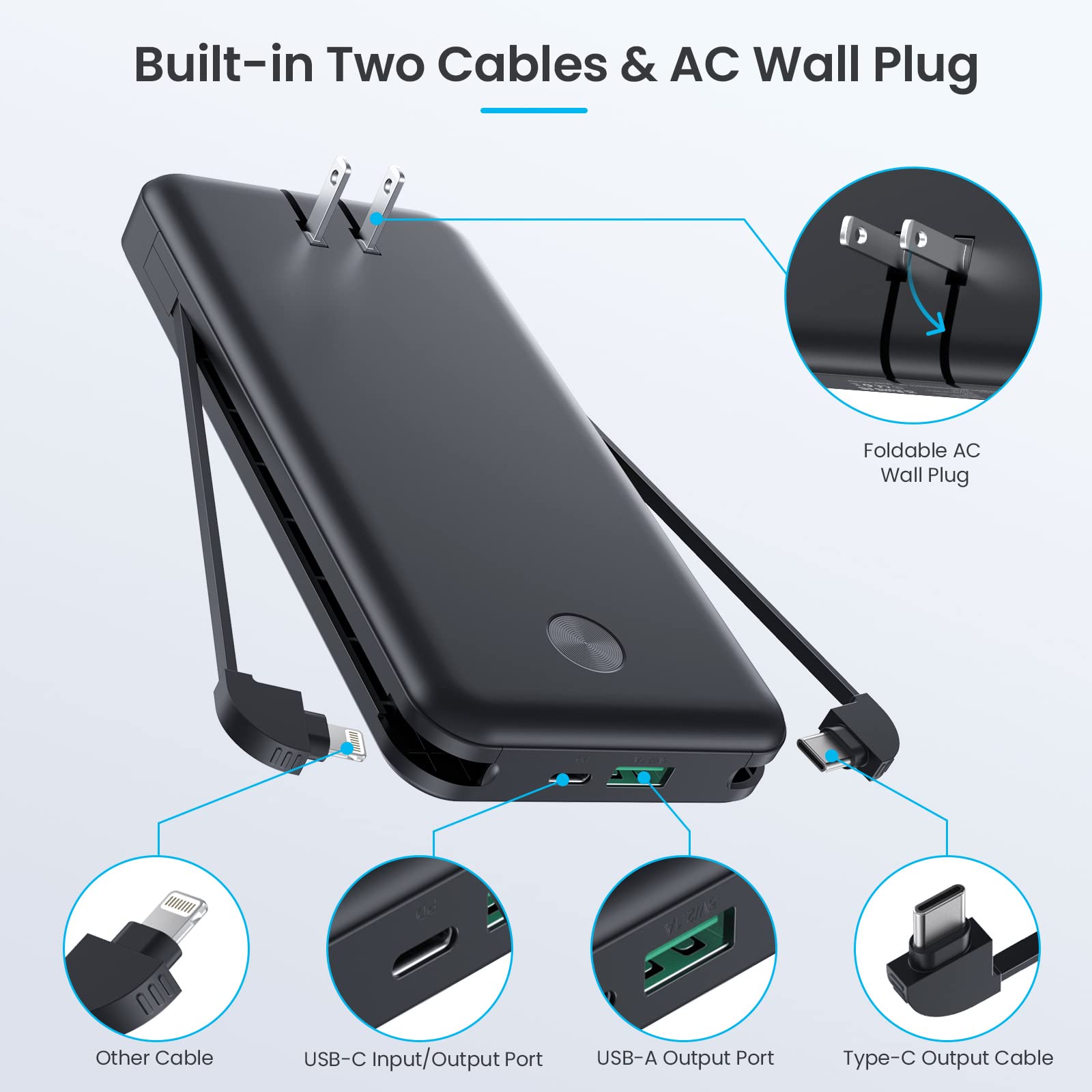 13800mAh Portable Charger with Built-in USB-C/Lightning Cables & AC Wall Plug - Fast Charging Power Bank with LCD Display for iPhone 16/15/14/13, Samsung Galaxy, Android Phones - Perfect for Travel, Camping & Emergency Power Backup