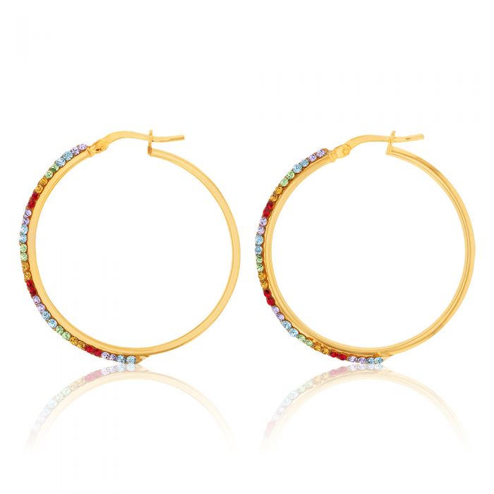 9ct Silver Filled Yellow Gold Plated Crystal Hoop Earrings 30mm - Elegant & Durable for Parties, Weddings & Everyday Wear