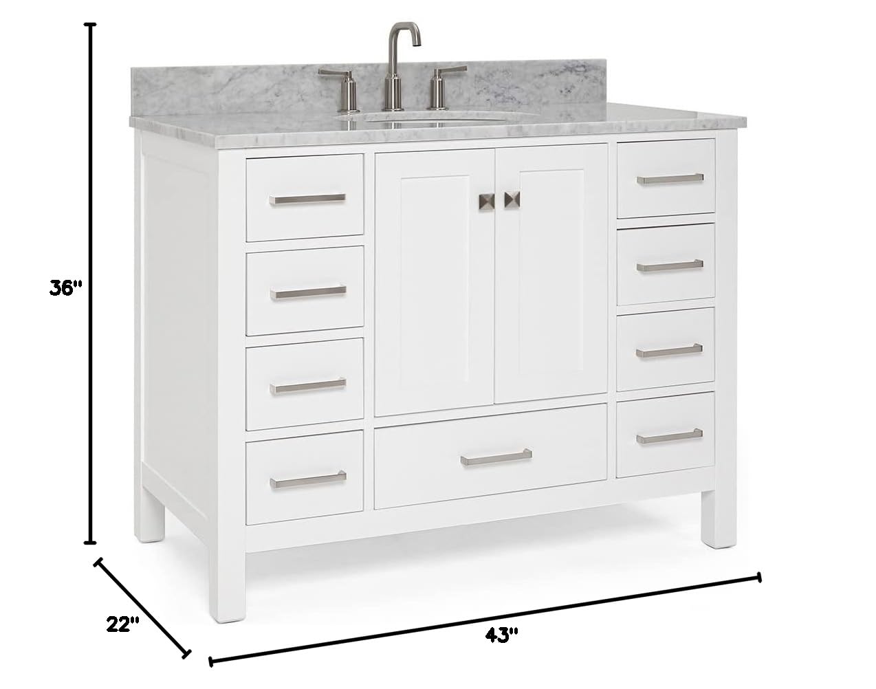 Ariel Cambridge 43 Inch White Bathroom Vanity with Sink - Solid Wood Vanity Cabinet, Carrara Marble Countertop & Oval Undermount Single Sink - 2 Soft Closing Doors & 9 Drawers - Perfect for Modern Bathroom, Master Bath, or Powder Room Remodel