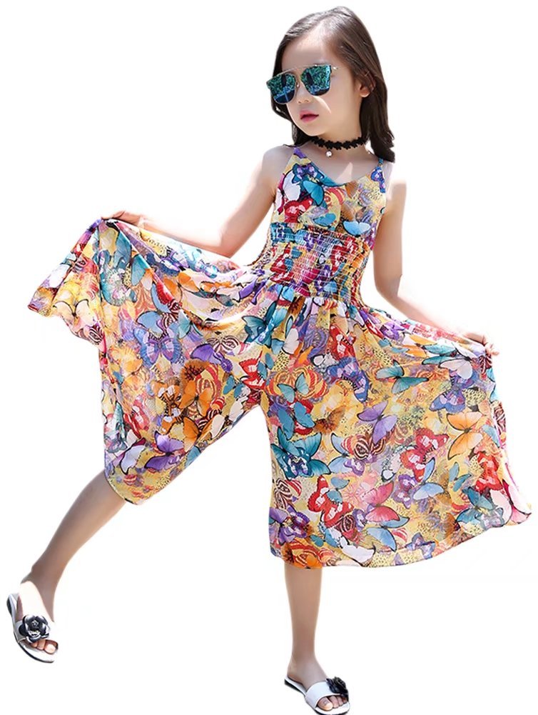 BINPAW Girls Casual Boho Floral Sleeveless Maxi Dress - Summer Beach Jumpsuit for Outdoor Parties, Vacations & Photoshoots
