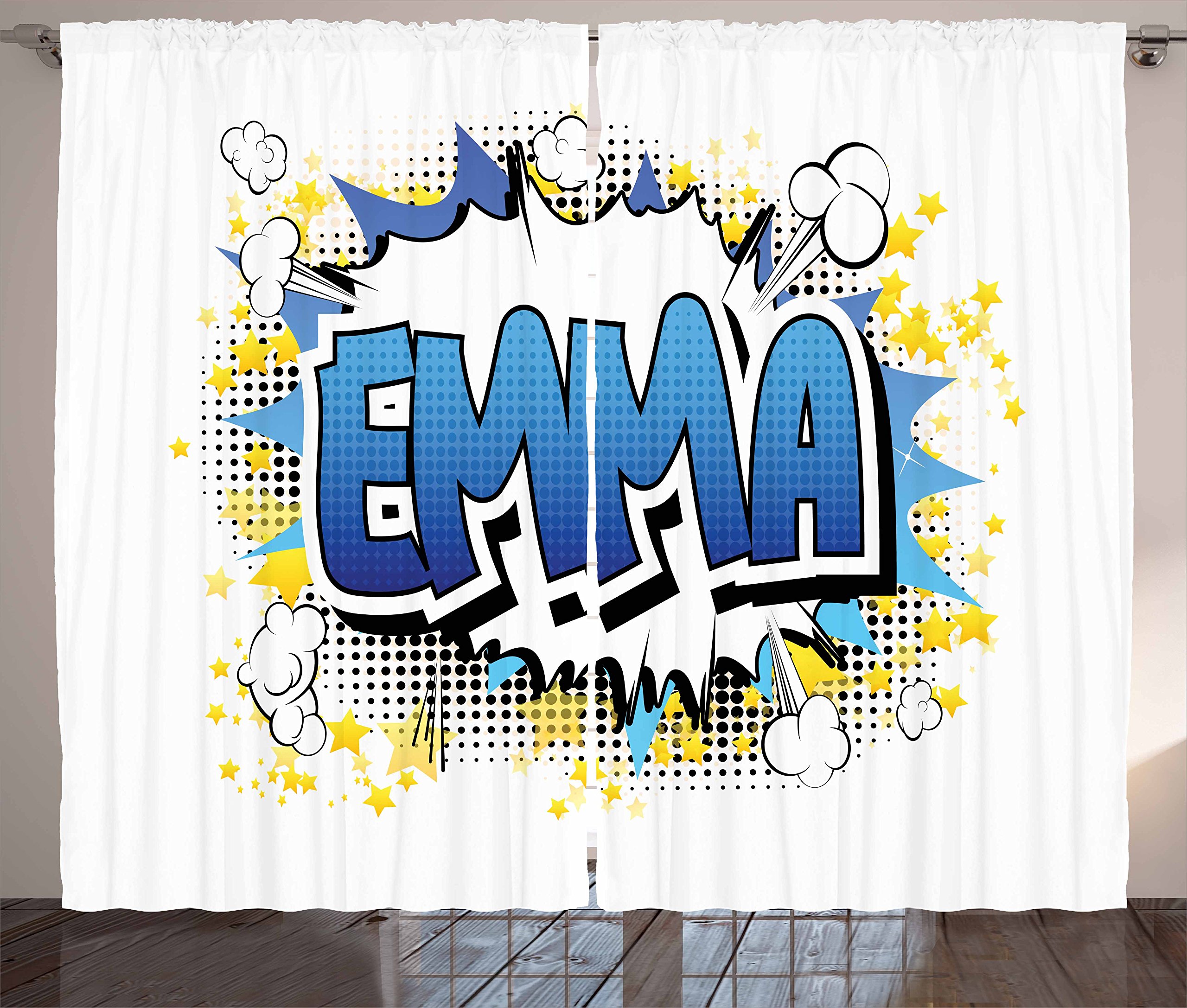 Ambesonne Emma Curtains for Teen Girls - Cartoon Stars & Burst Design, Blue Yellow Black Window Drapes, 2 Panel Set 108