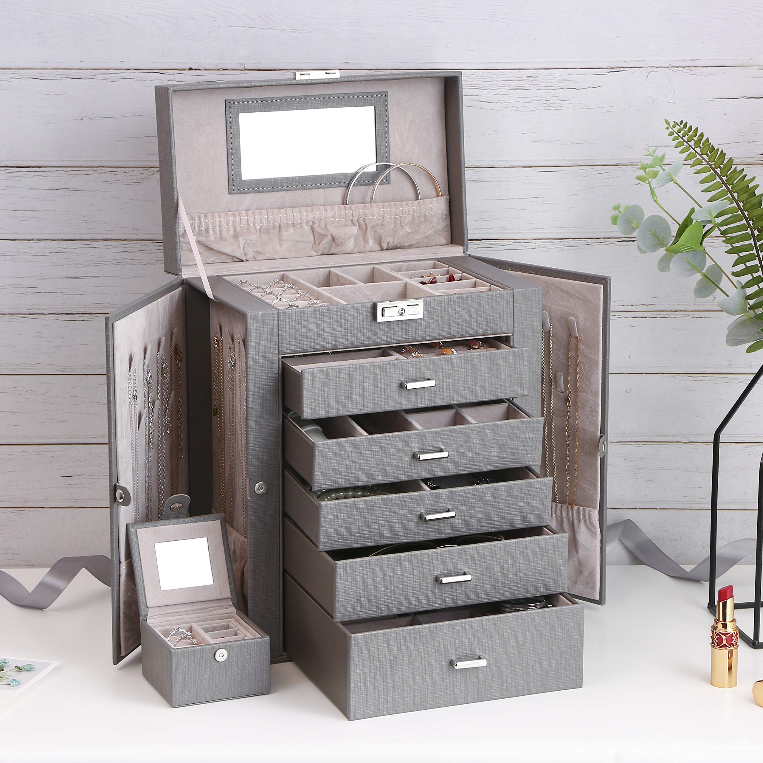 ANWBROAD 6-Tier Large Jewelry Organizer Box with Lock & Mirror - Faux Leather Jewelry Storage Case for Earrings, Rings, Necklaces, Bracelets - Perfect for Girls' Bedroom, Vanity & Travel Gift (JJB004)