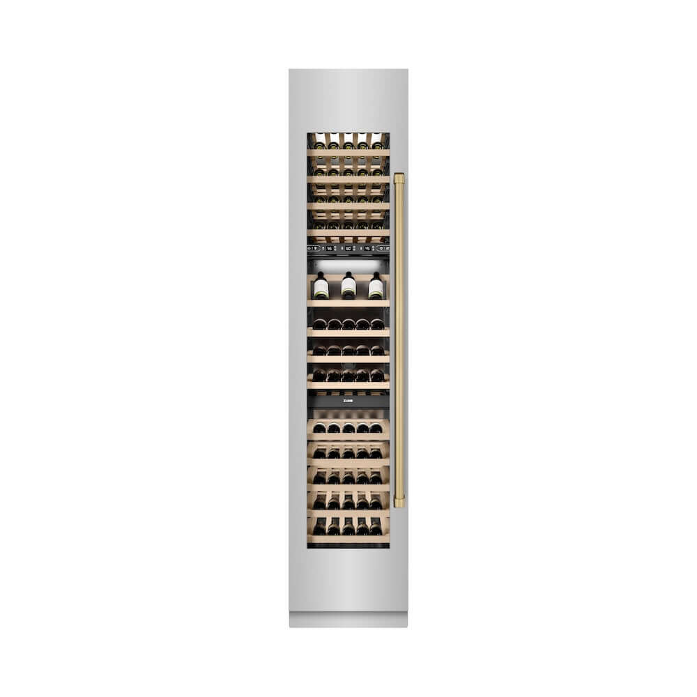 ZLINE Autograph Edition 18 Inch 9.0 cu ft Triple Zone 68 Bottle Left Hinge Stainless Steel Wine Cooler with Champagne Bronze Accents - Perfect for Home Bars, Wine Cellars & Entertaining (RCWVLZ 30418 CB)