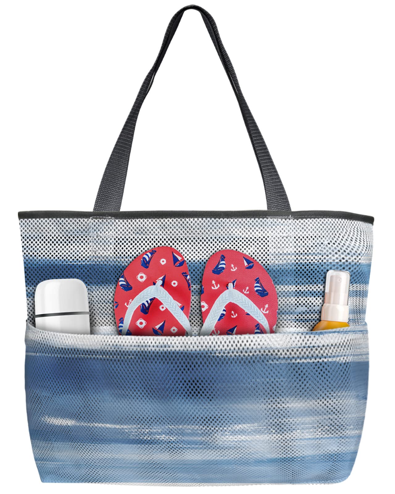 Stylish Mesh Beach Tote Bag for Women - Large Oversized Abstract Blue Gray Textured Design - Perfect for Travel, Pool, Grocery Shopping & Toy Storage - 8 Convenient Pockets - Lightweight & Durable Summer Essential