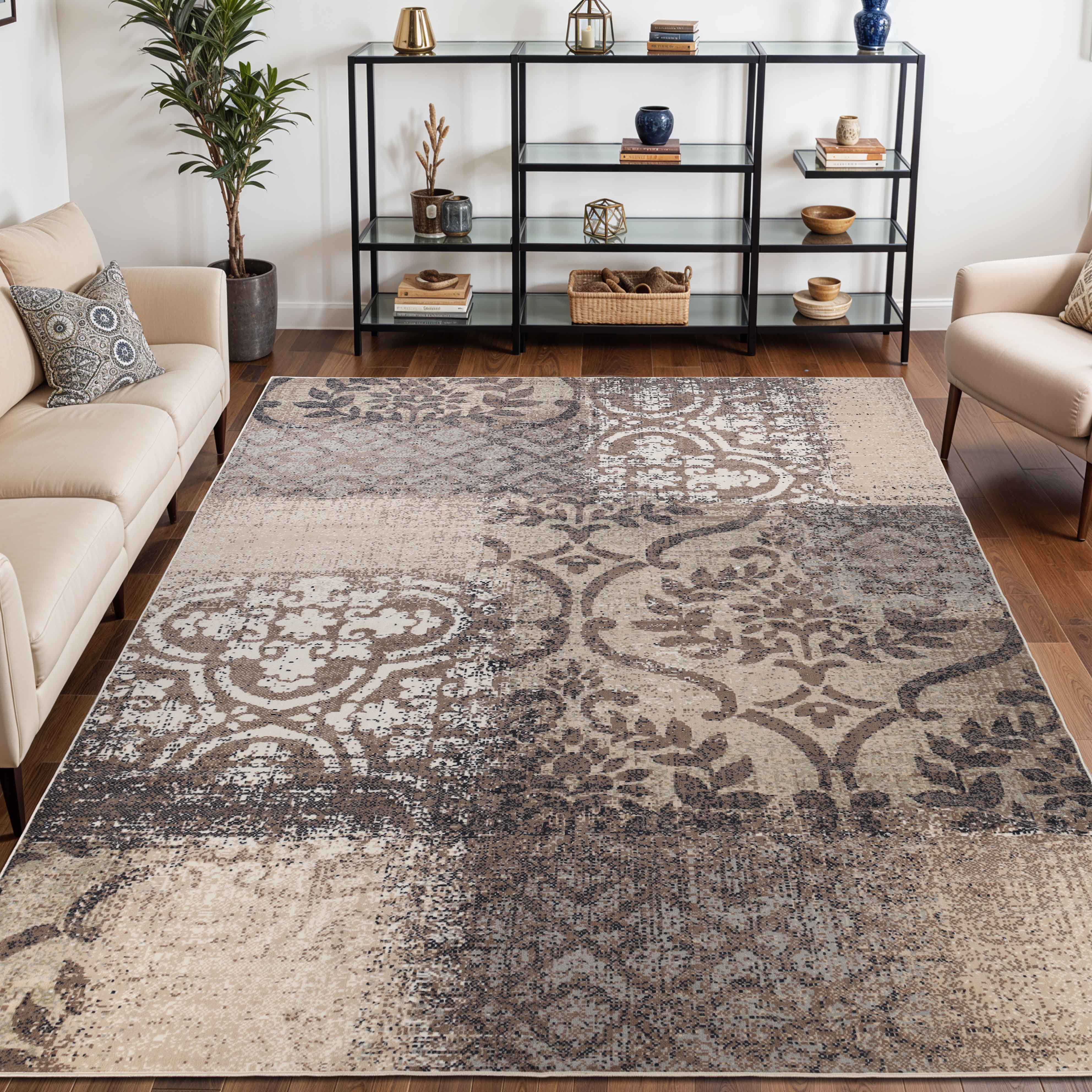 Bristol Distressed Abstract Damask Indoor Area Rug - Non-Slip Living Room Carpet Runner for Bedroom, Hallway & Entryway Decor